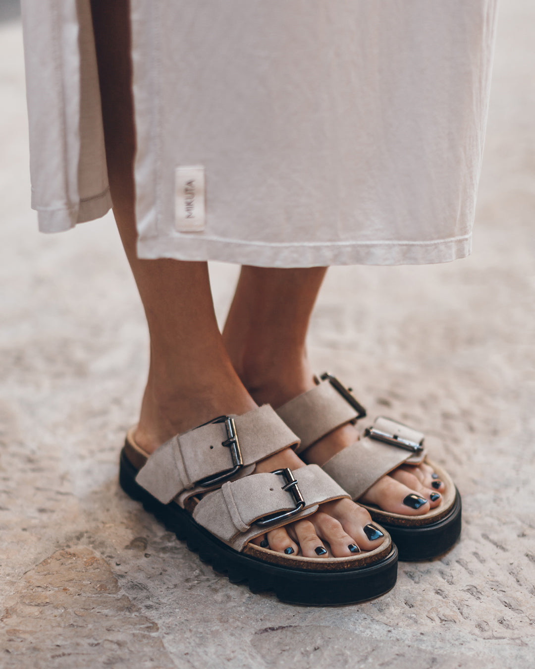 The Beige Suede Buckle Sandals