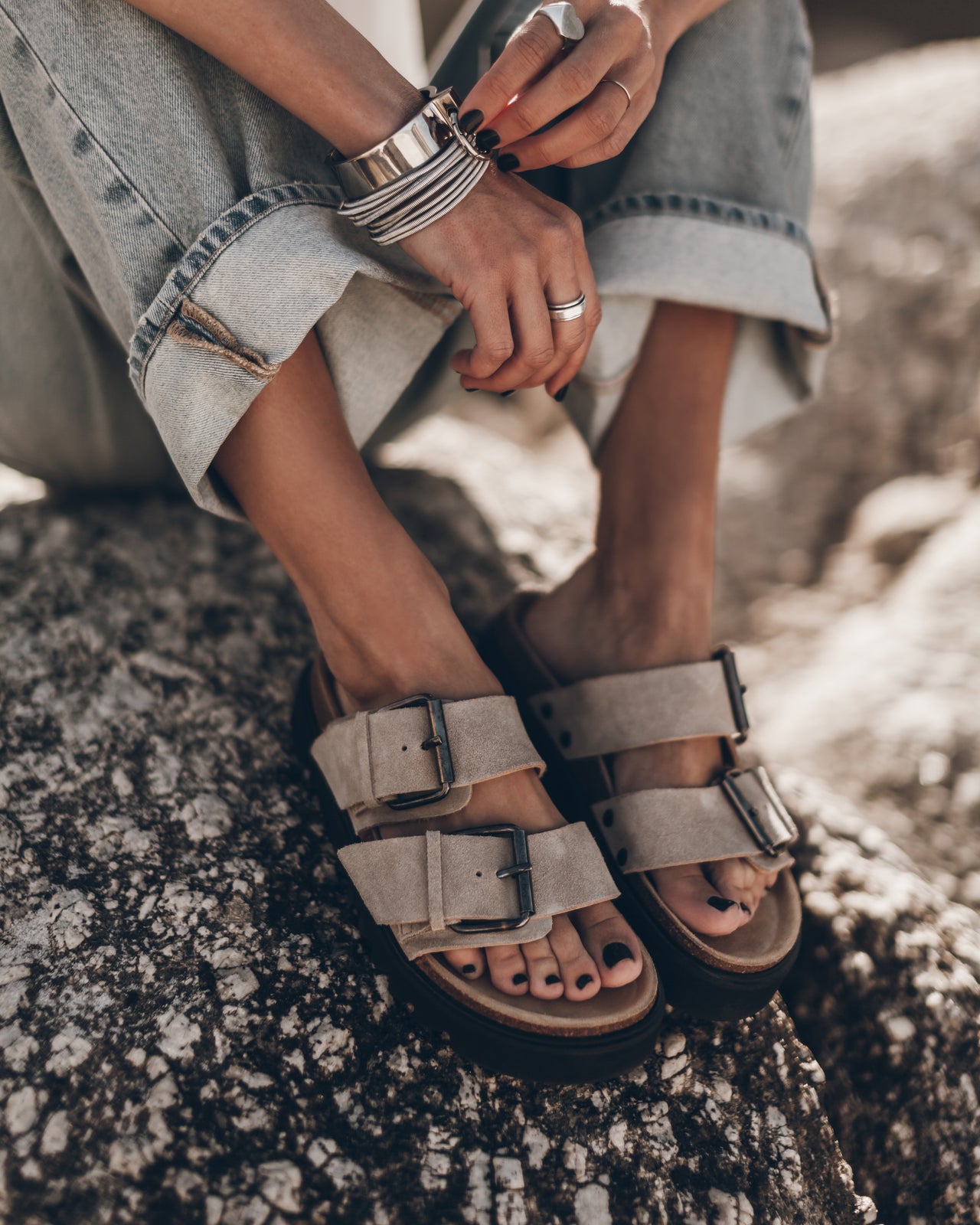 Beige Suede Buckle Sandals Blue Baggy Jeans - Product photo