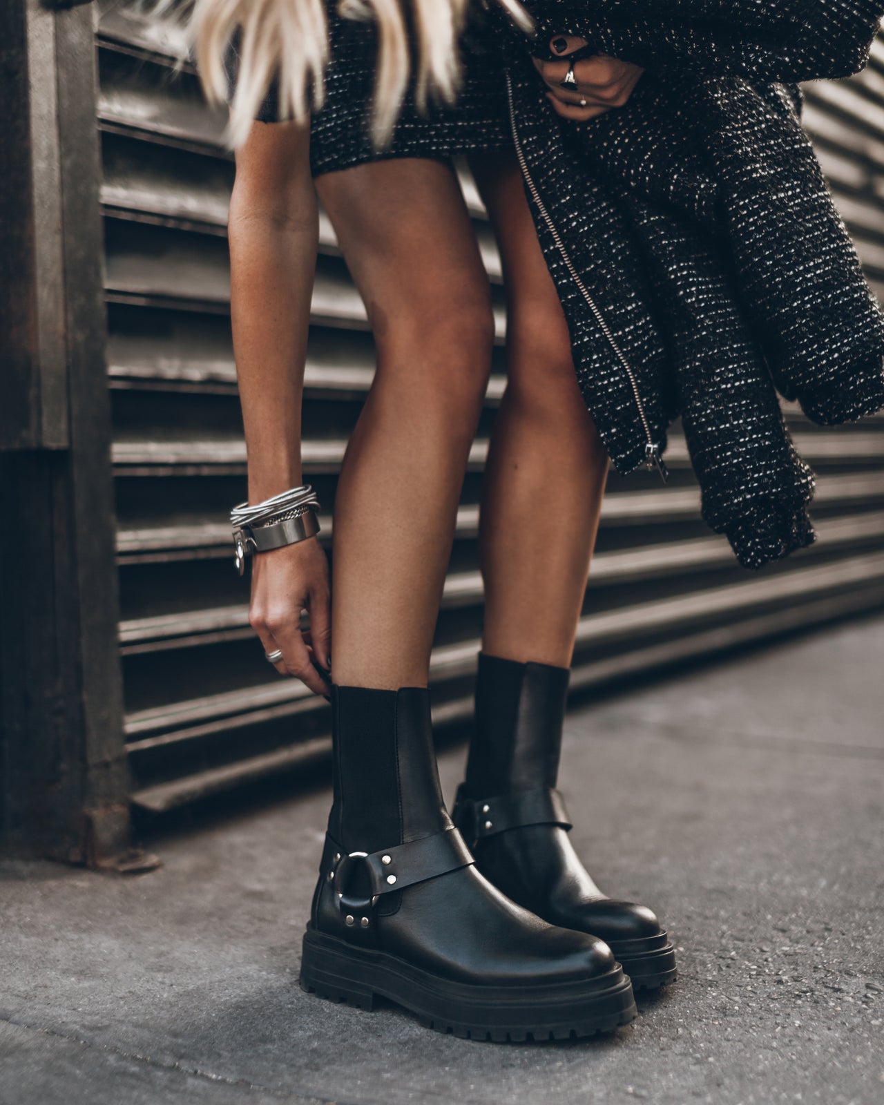 Black Biker Boots Black Sparkly Short Straight Tweed Skirt Black Sparkly Tweed Bomber Jacket - Pr...