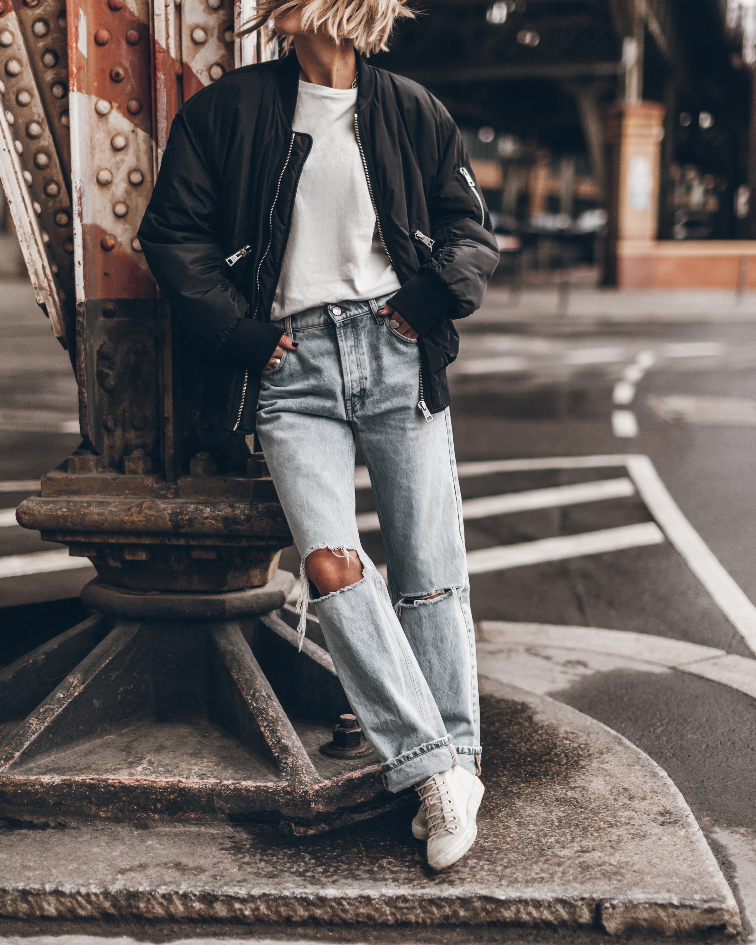 Black Bomber Jacket Blue Ripped Loose Jeans - Product photo