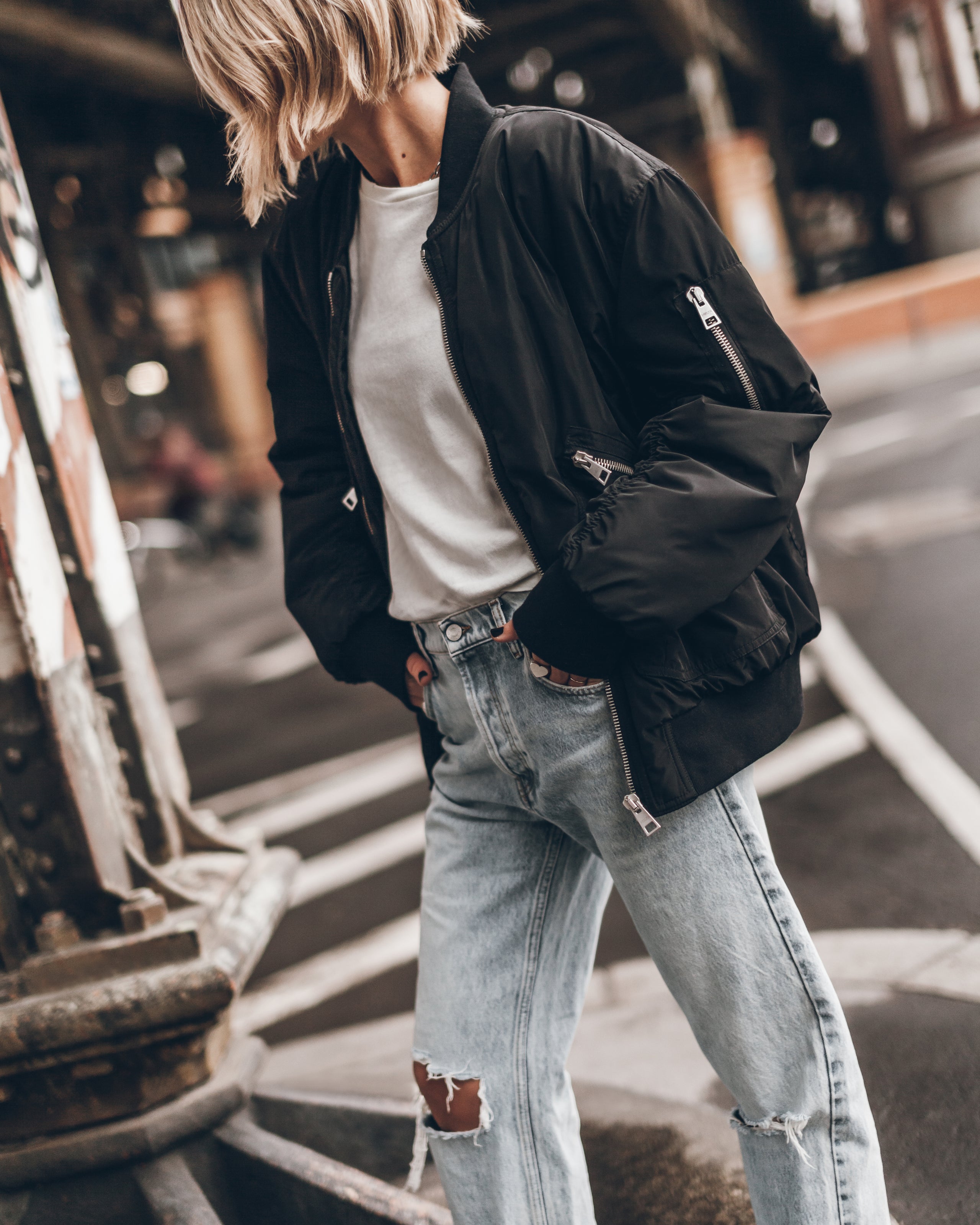 Black Bomber Jacket Blue Ripped Loose Jeans - Product photo