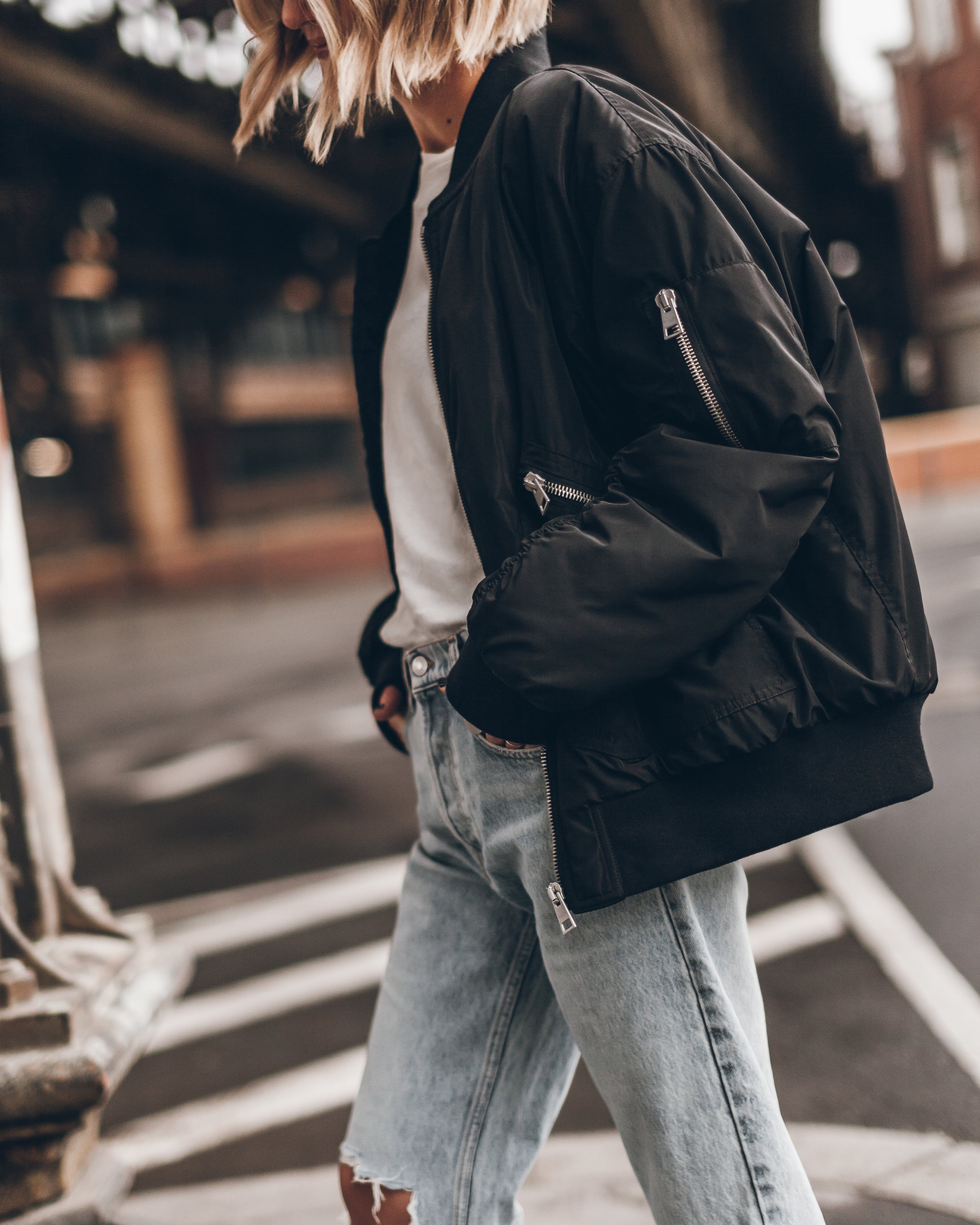 Black Bomber Jacket Blue Ripped Loose Jeans - Product photo