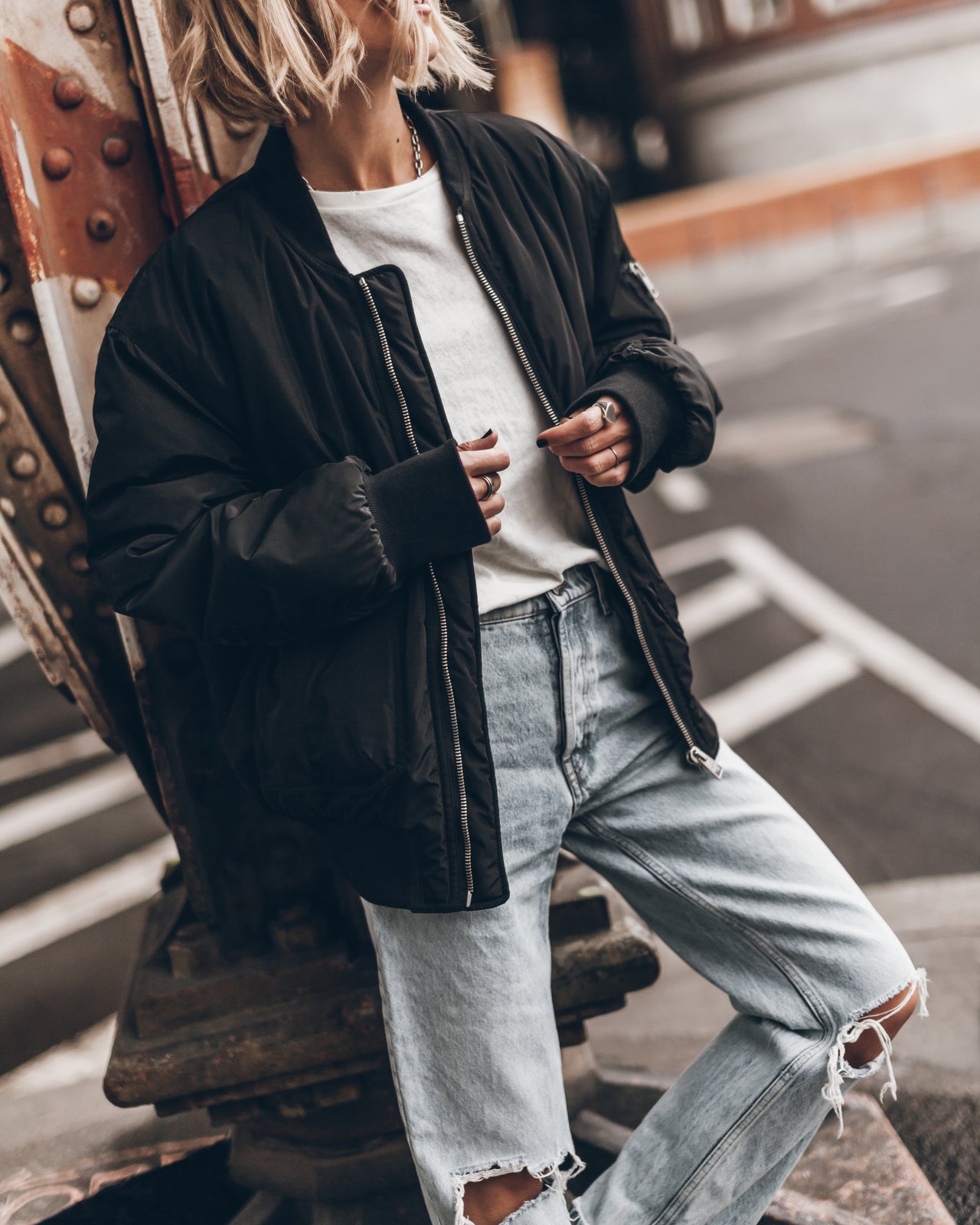 Black Bomber Jacket Blue Ripped Loose Jeans - Product photo