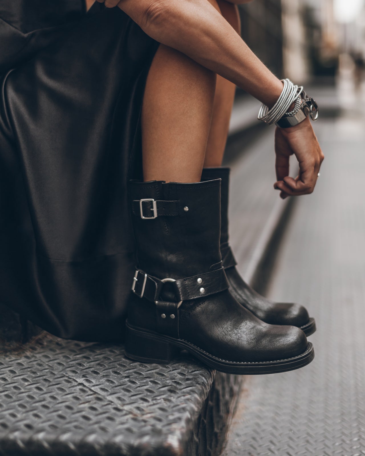 Black Buckle Boots Black Long Silk Slip Dress - Product photo