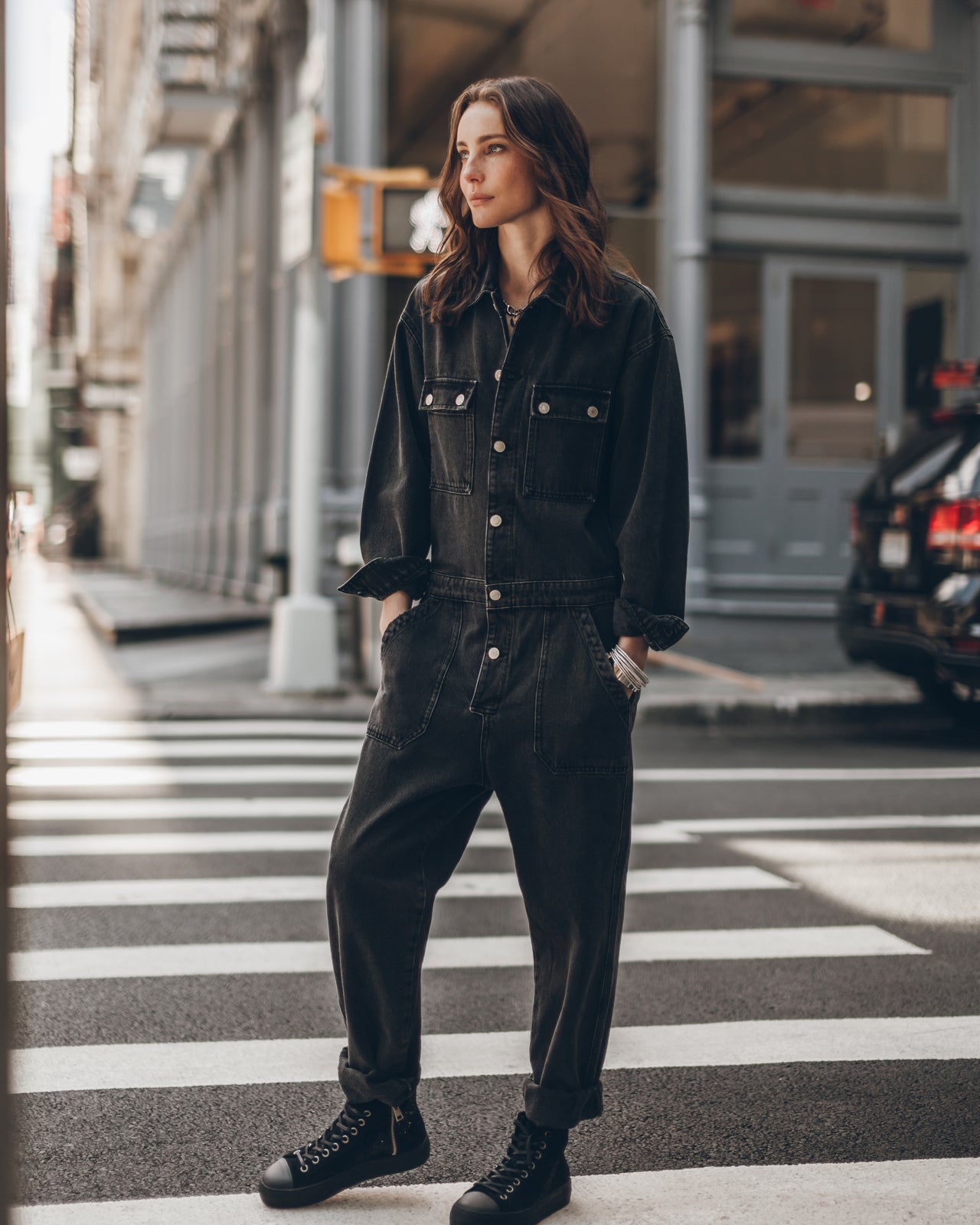 Black Denim Jumpsuit Black Platform Sneakers - Product photo