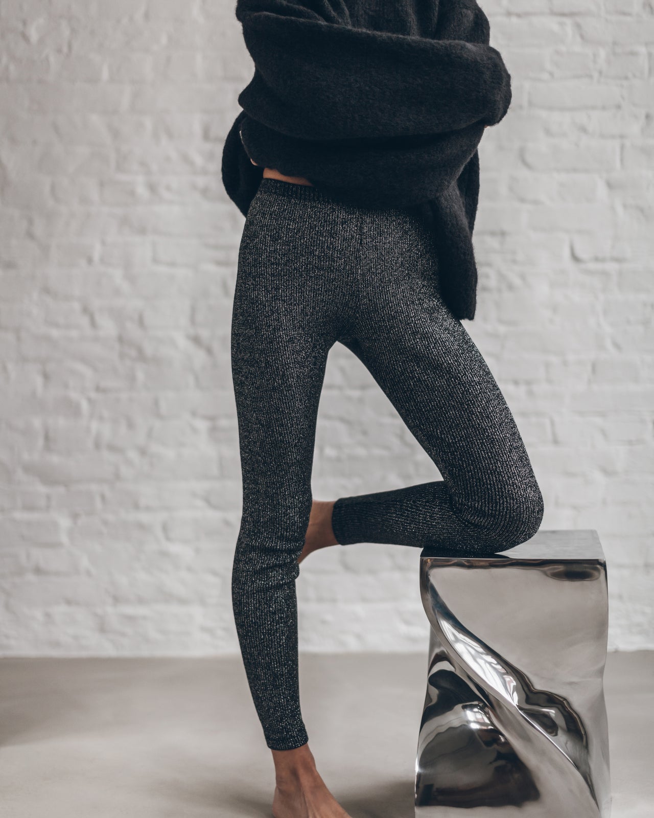 Black Fluffy Alpaca Knit Sweater Dark Glitter Ribbed Leggings - Product photo