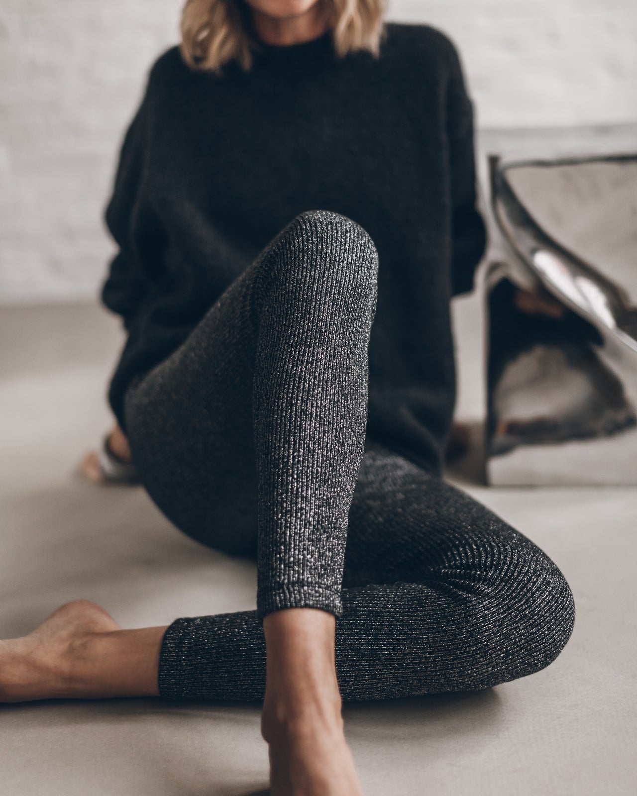 Black Fluffy Alpaca Knit Sweater Dark Glitter Ribbed Leggings - Product photo