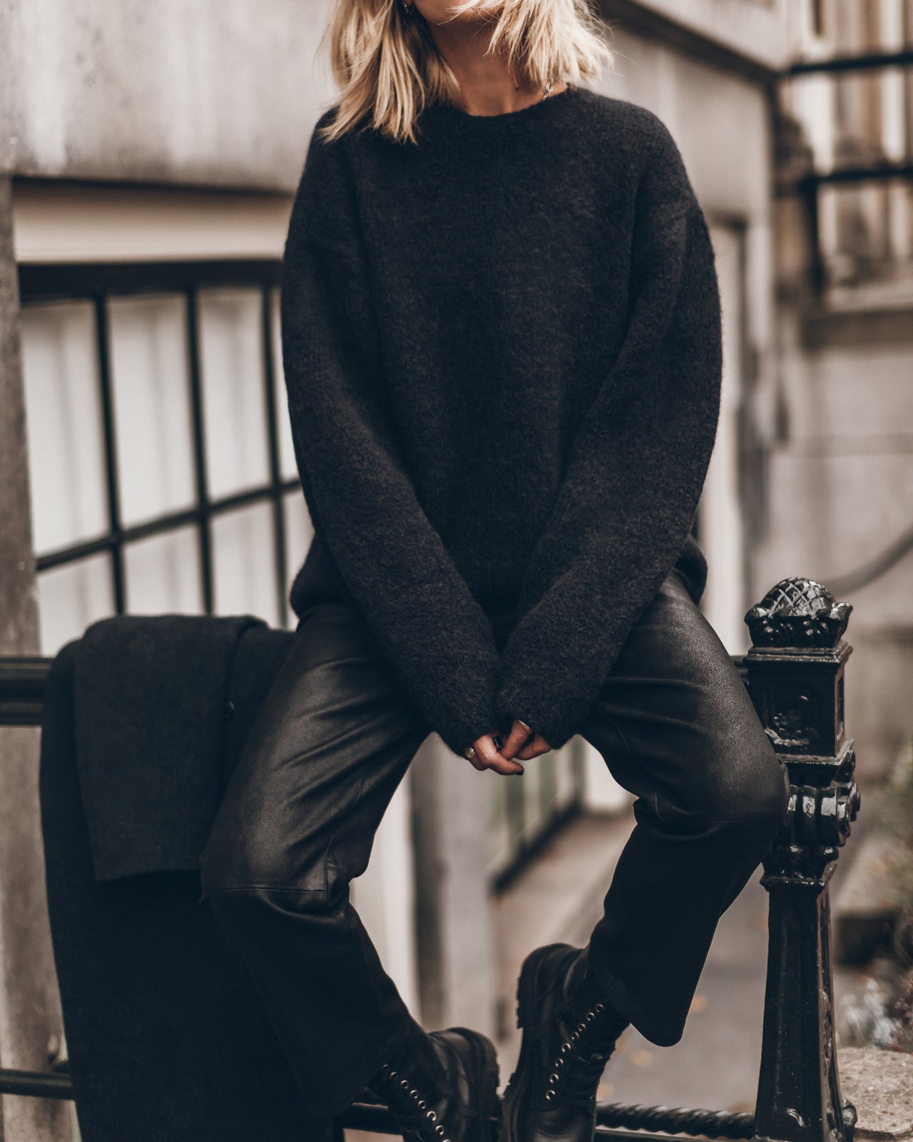 Black Fluffy Alpaca Knit Sweater Straight Leather Pants - Product photo