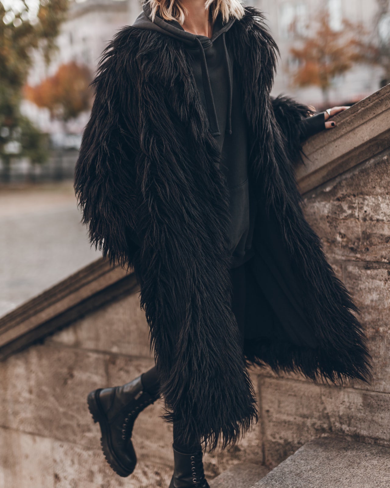 Black Fluffy Coat Dark Relaxed Hoodie Black Standard Leggings Black Laced Leather Boots - Product...