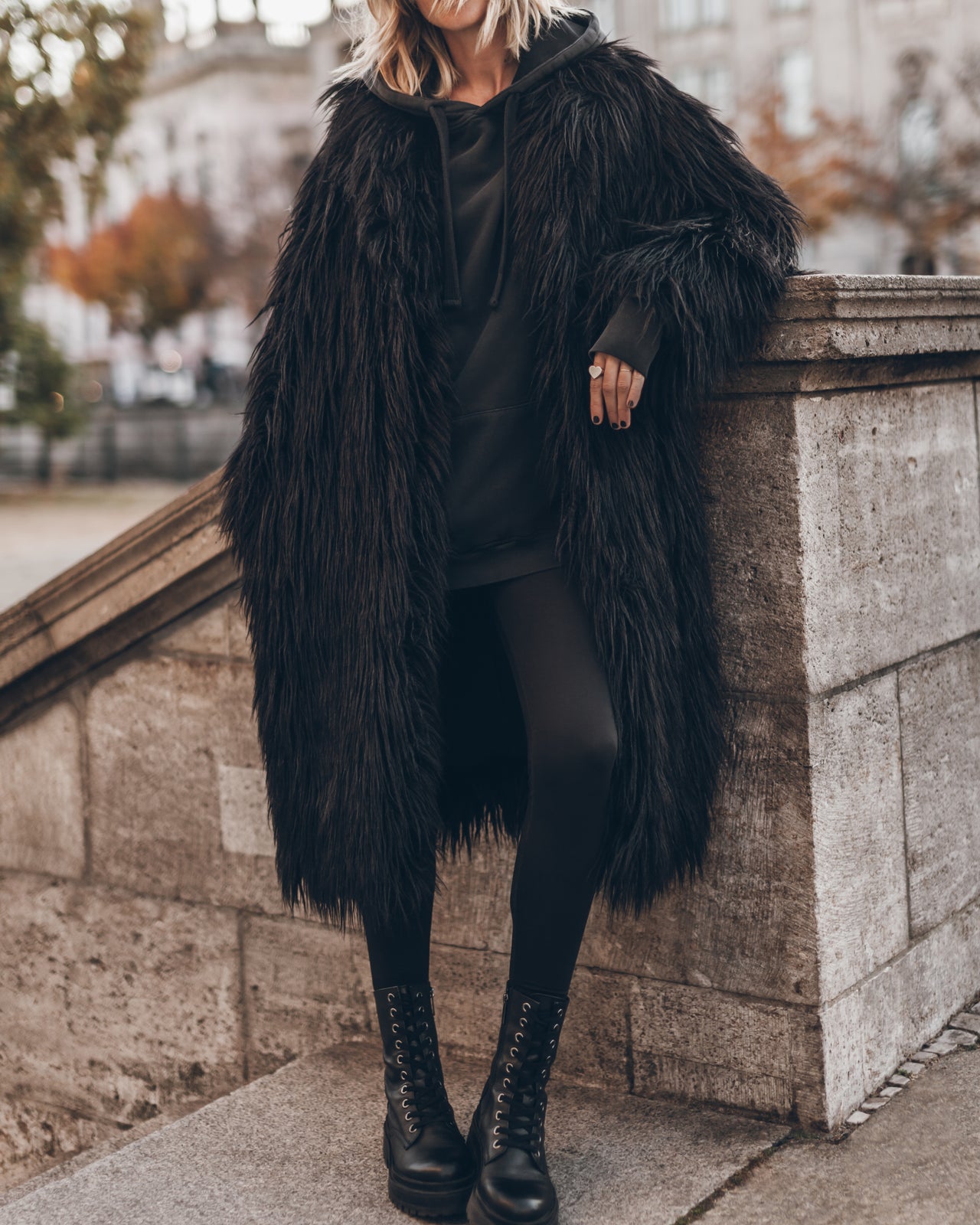 Black Fluffy Coat Dark Relaxed Hoodie Black Standard Leggings Black Laced Leather Boots - Product...