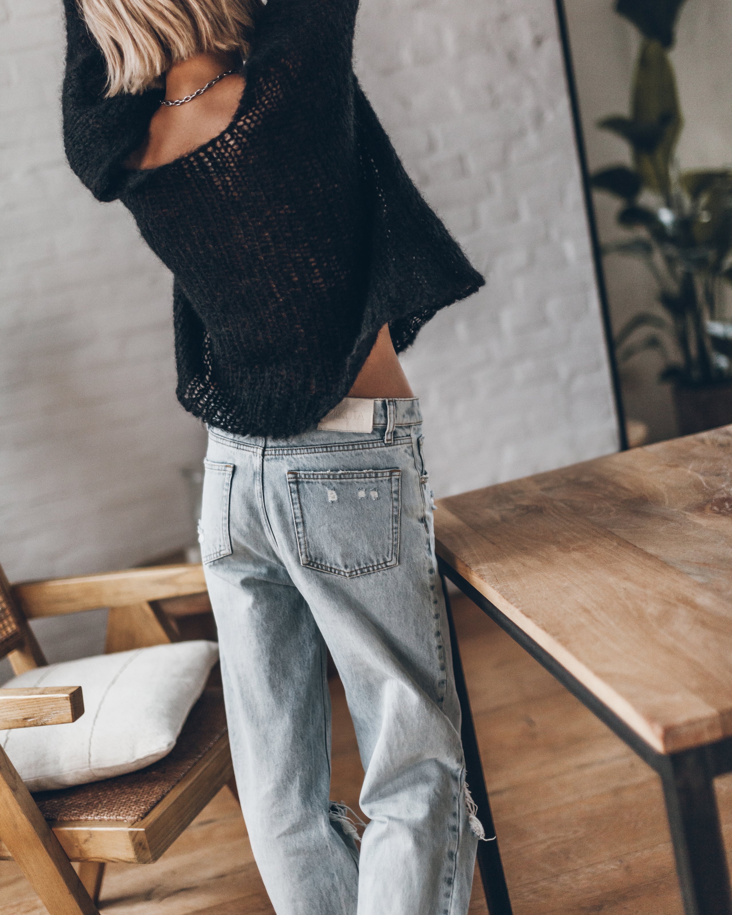 Black Mohair Knitted Sweater Blue Ripped Relaxed Jeans - Product photo