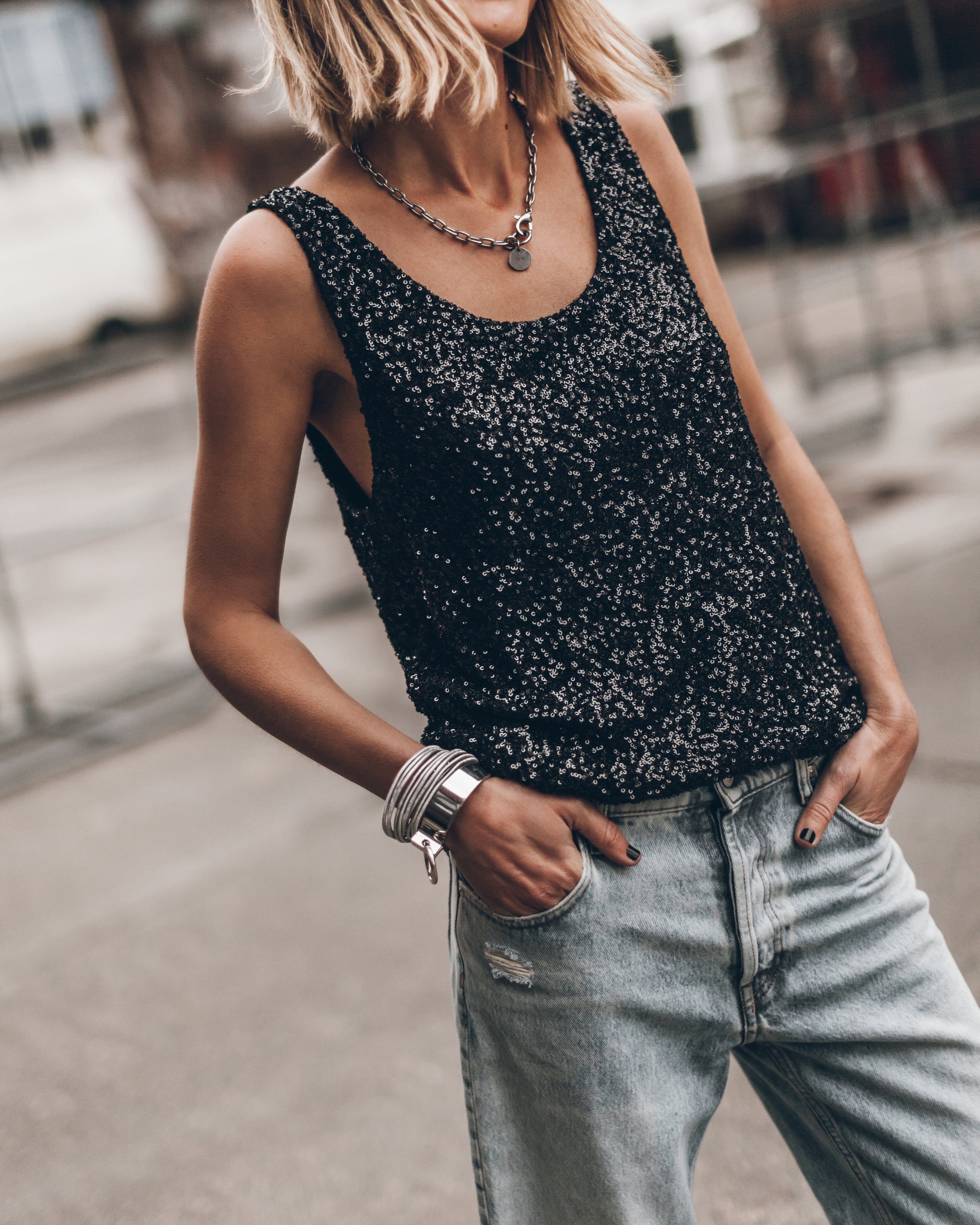 Black Sequin Base Tank Top Blue Ripped Relaxed Jeans - Product photo
