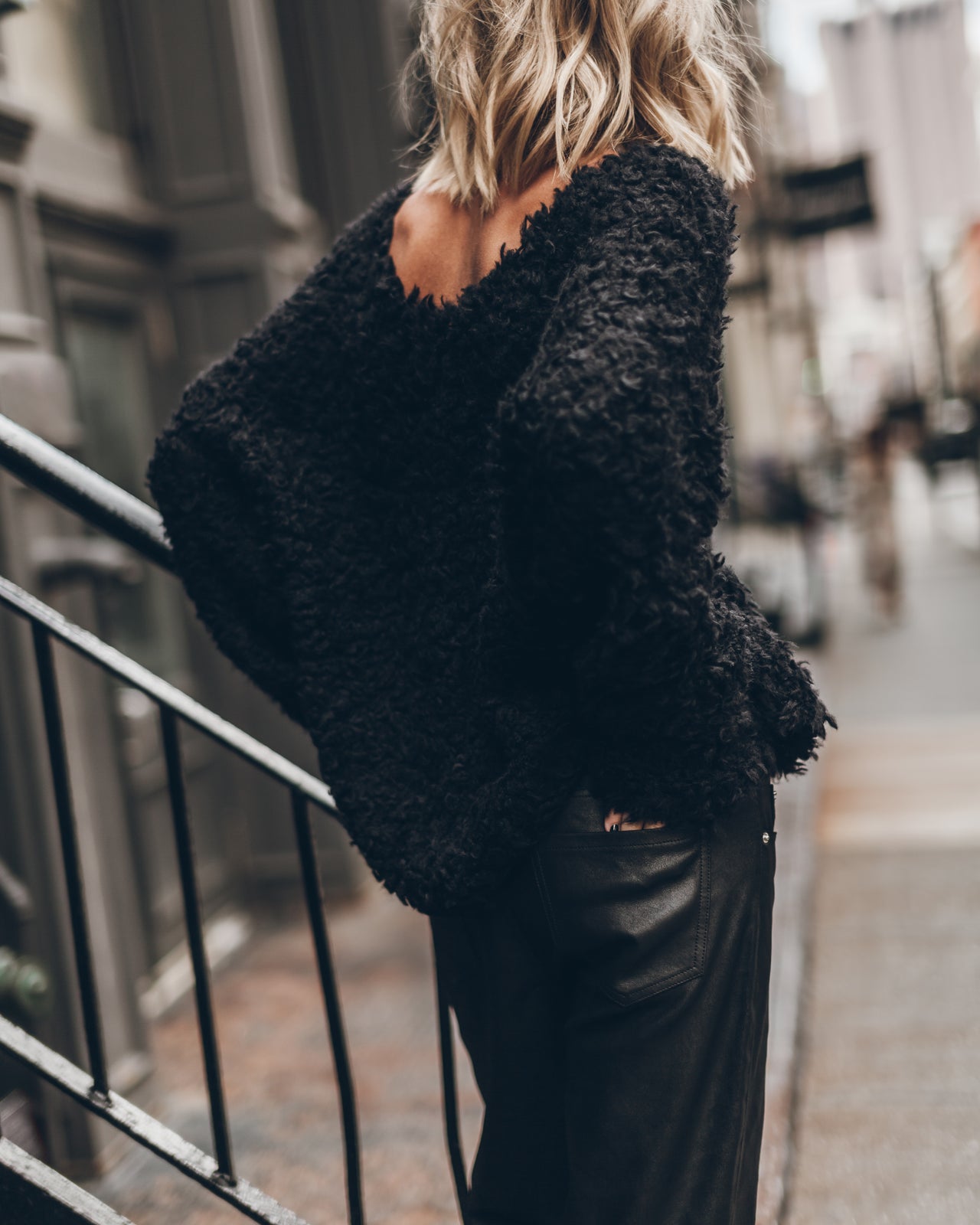 Black Sherpa Cropped Knitted Sweater Straight Leather Pants - Product photo