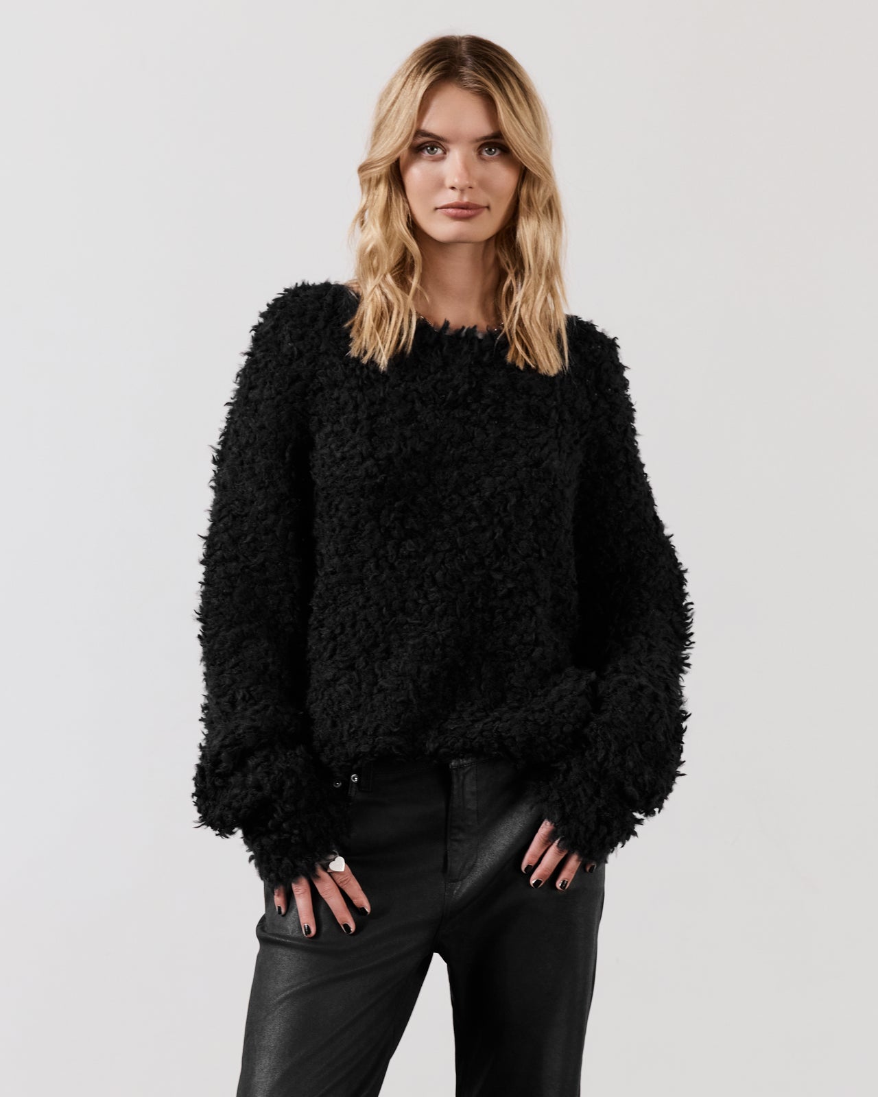 Black Sherpa Cropped Knitted Sweater Straight Leather Pants - Product photo