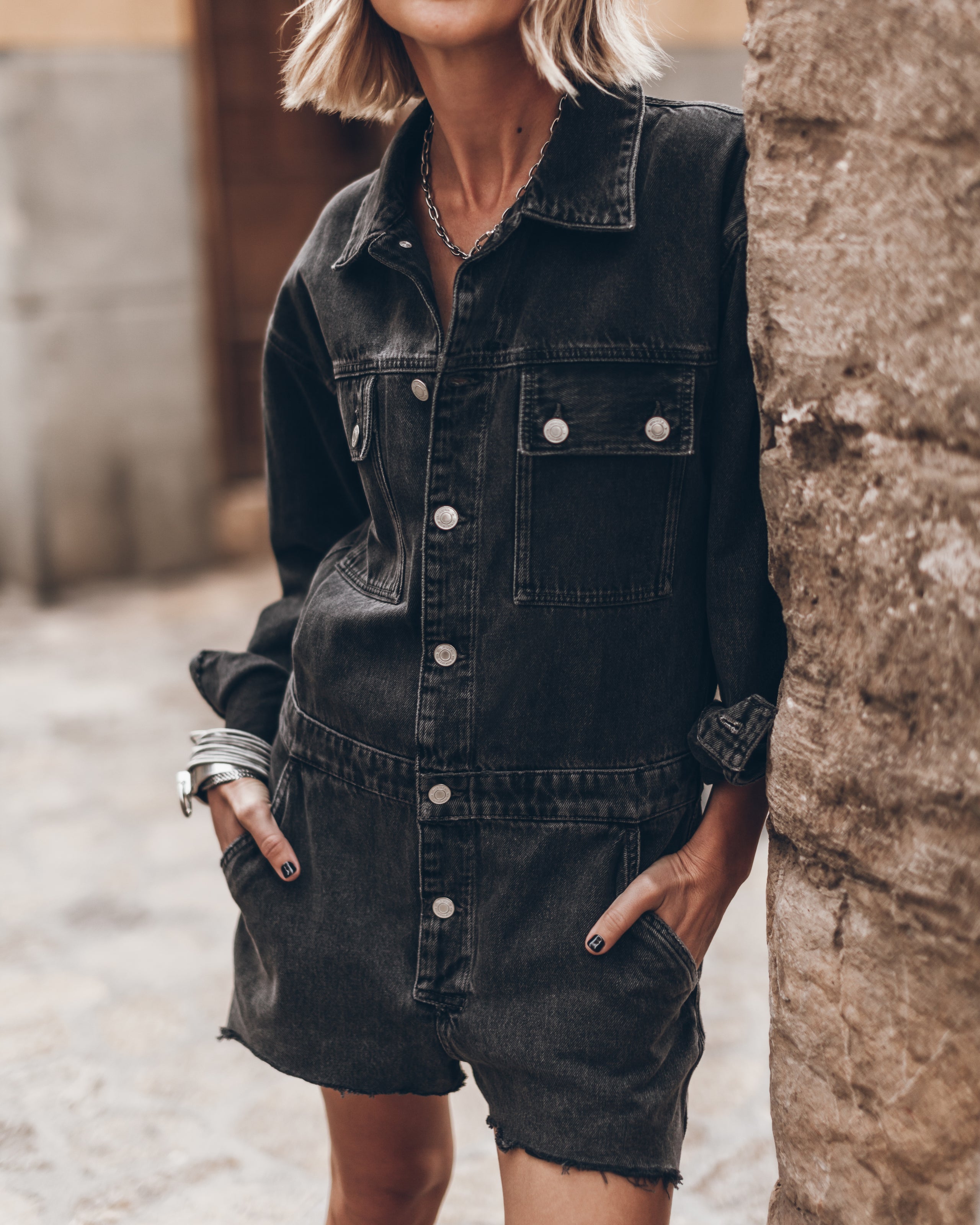 Black Short Denim Jumpsuit - Product photo