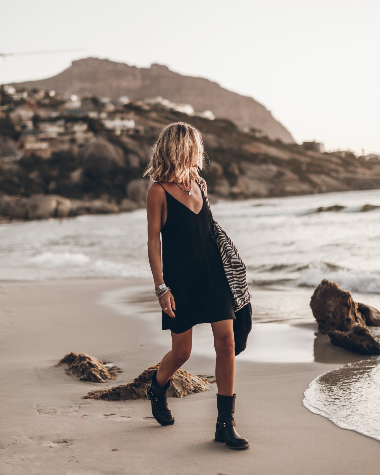Black Short Lyocell Slip Dress Zebra Large Canvas Bag Black Buckle Boots - Product photo