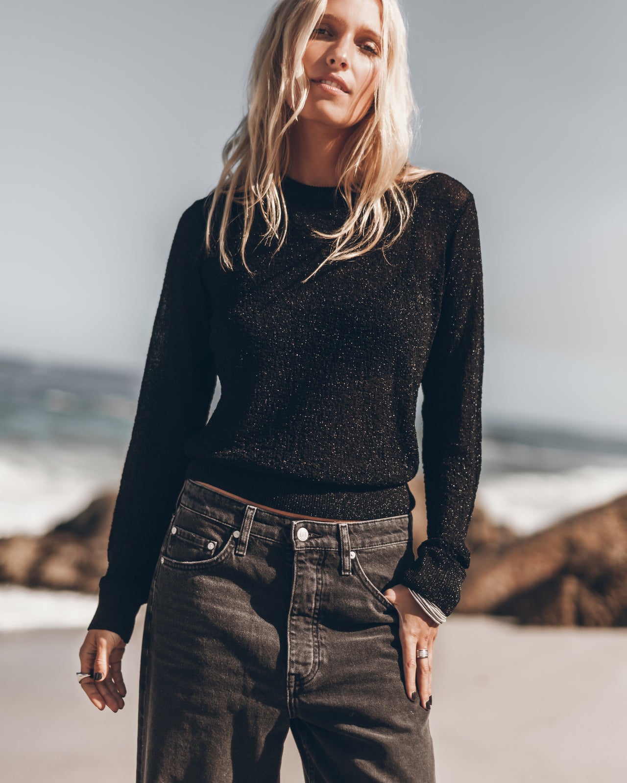 Black Sparkly Thin Knitted Sweater Black Baggy Jeans - Product photo