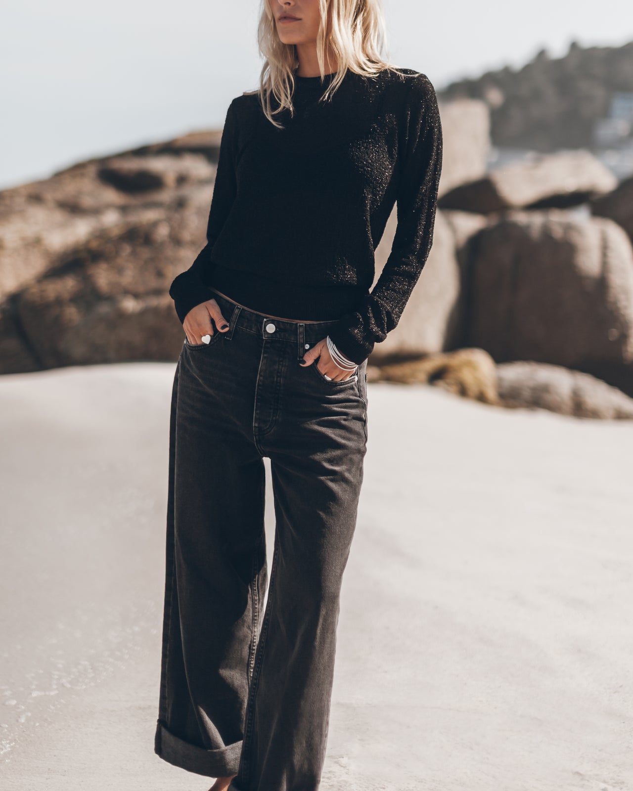 Black Sparkly Thin Knitted Sweater Black Baggy Jeans - Product photo