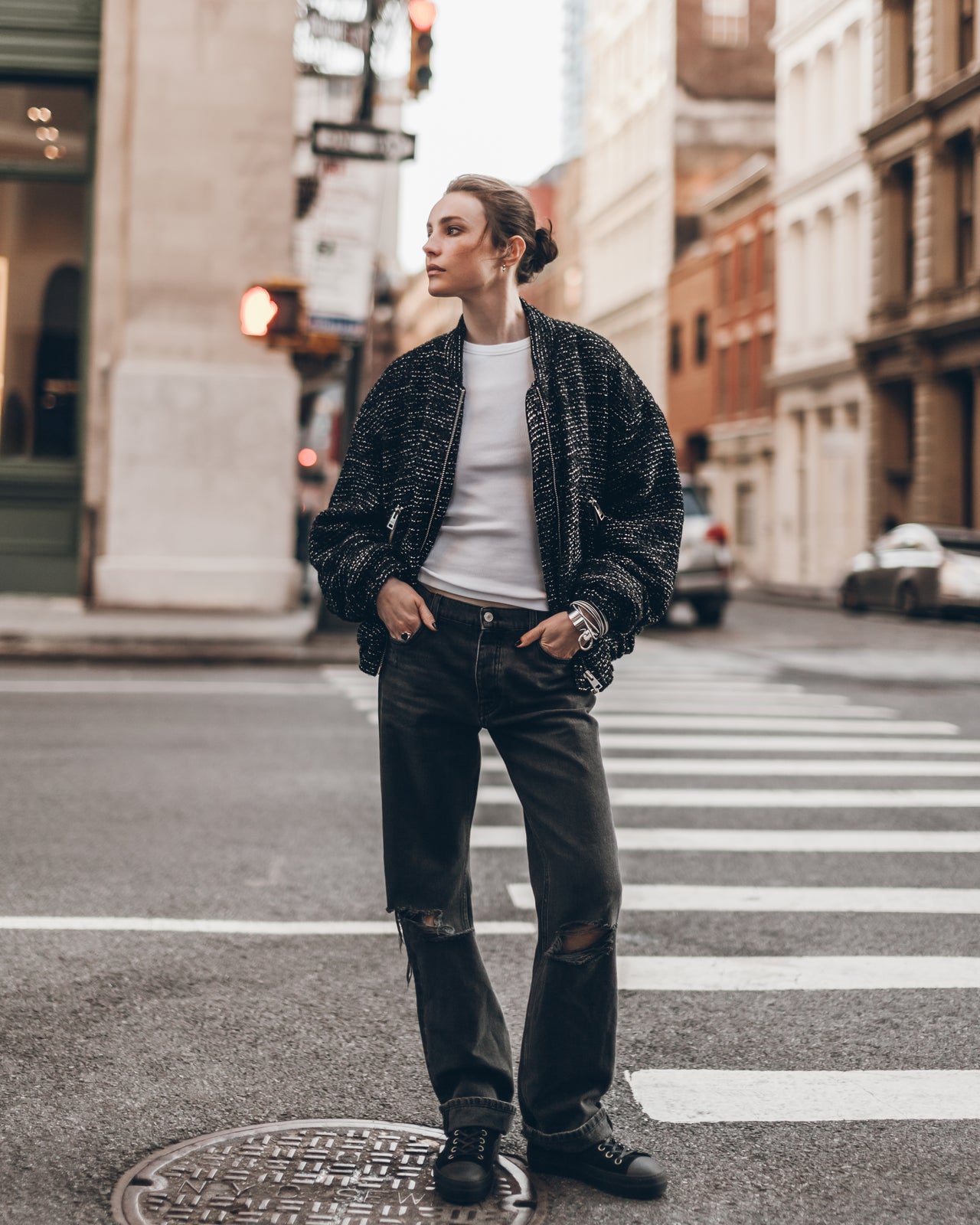 Black Sparkly Tweed Bomber Jacket Black Ripped Relaxed Jeans White Ribbed Standard Tank Top Black...