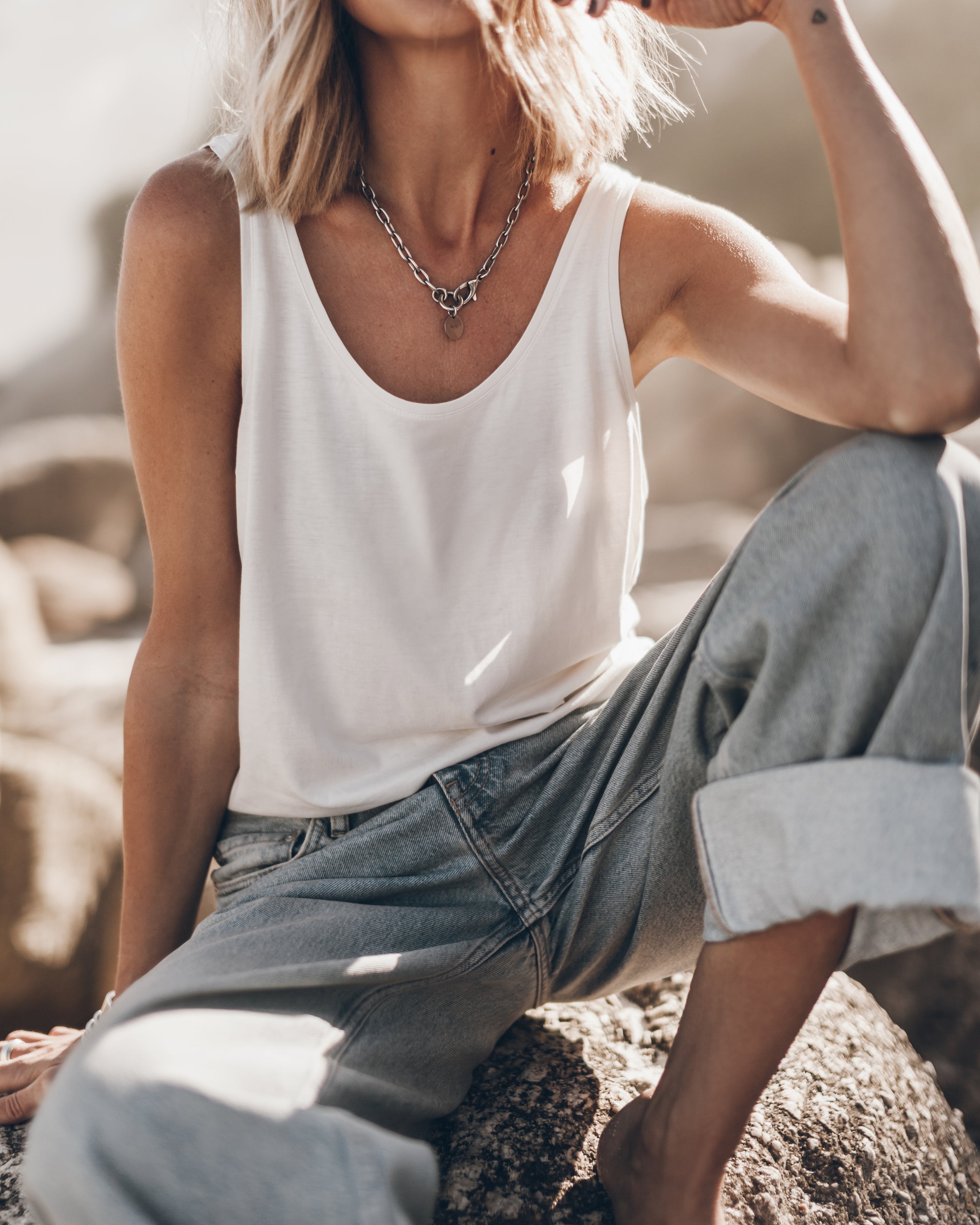 Blue Baggy Jeans White Base Tank Top - Product photo