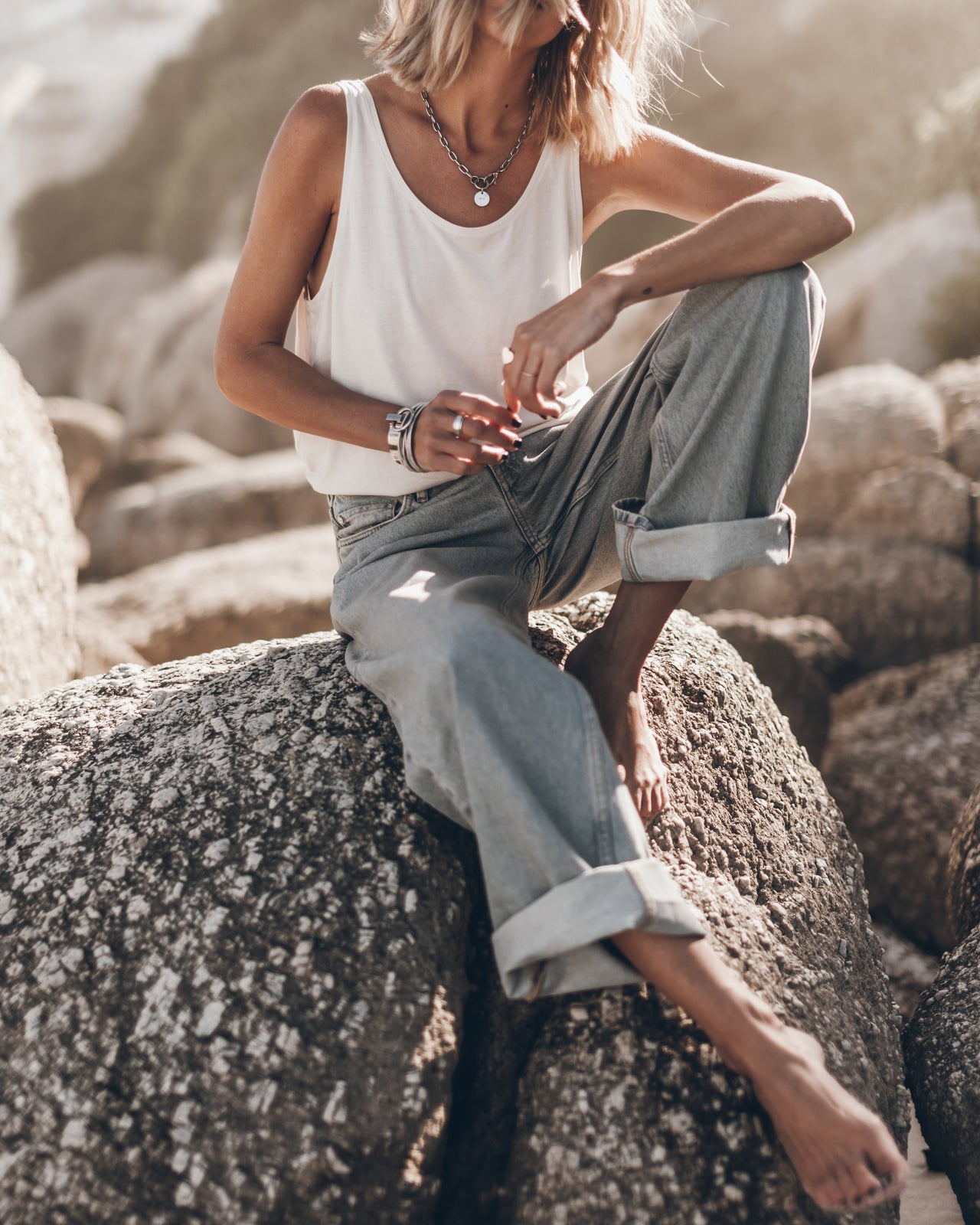 Blue Baggy Jeans White Base Tank Top - Product photo