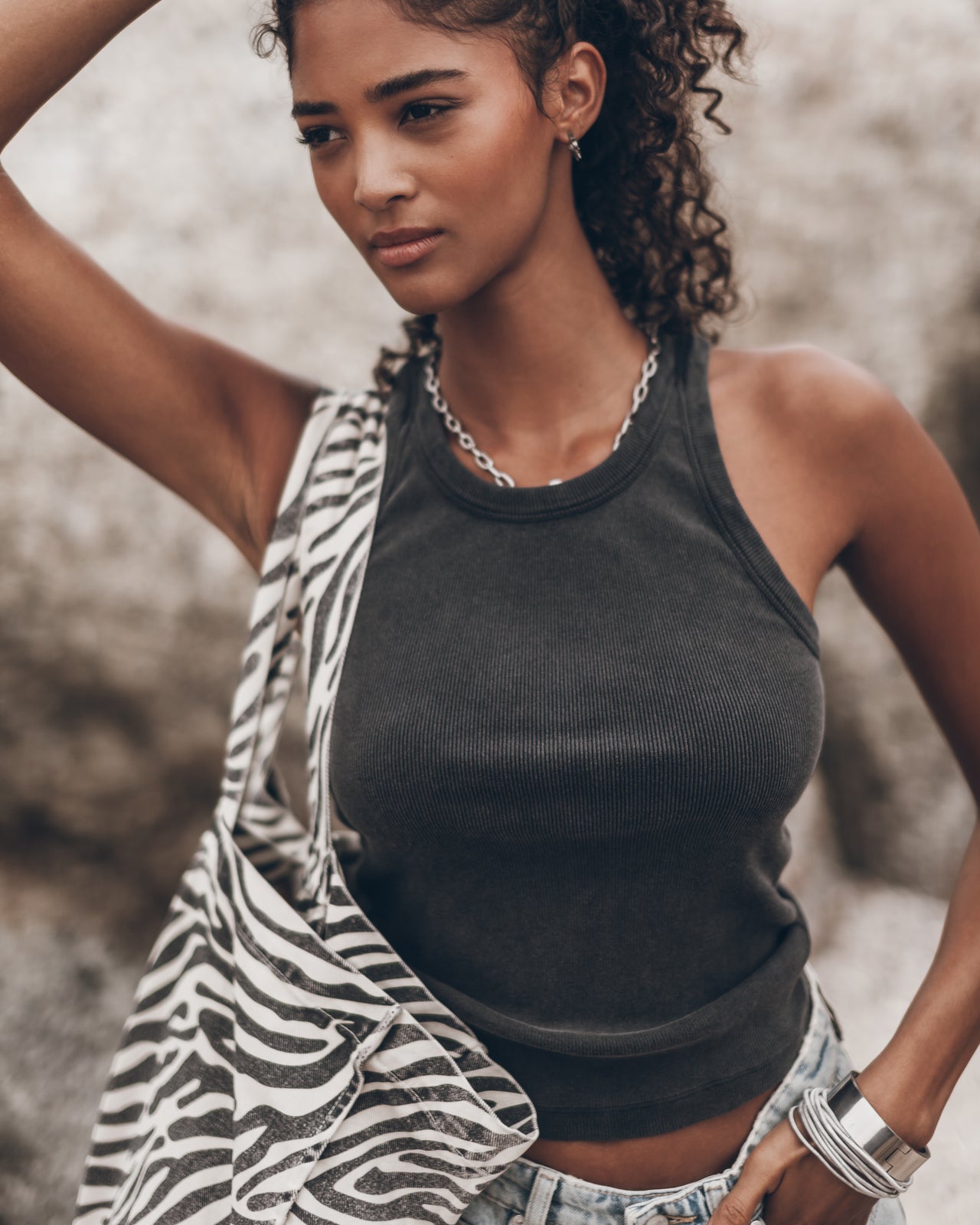 Blue Denim Bermuda Shorts Dark Faded Standard Tank Top Studded Leather Sandals Zebra Large Canvas...