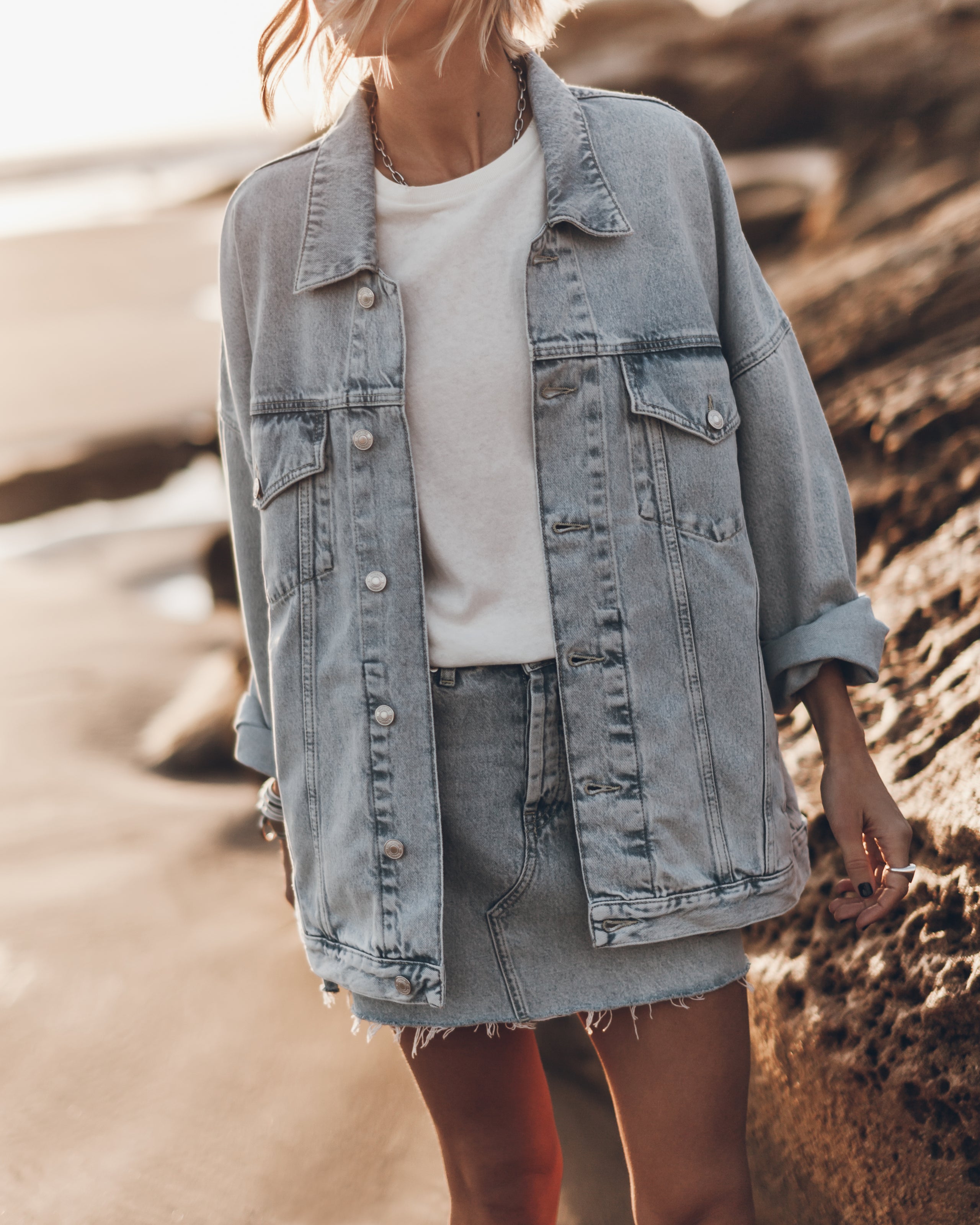 Blue Oversized Denim Jacket Blue Denim Skirt Off White Dry Cotton Vintage Shirt - Product photo