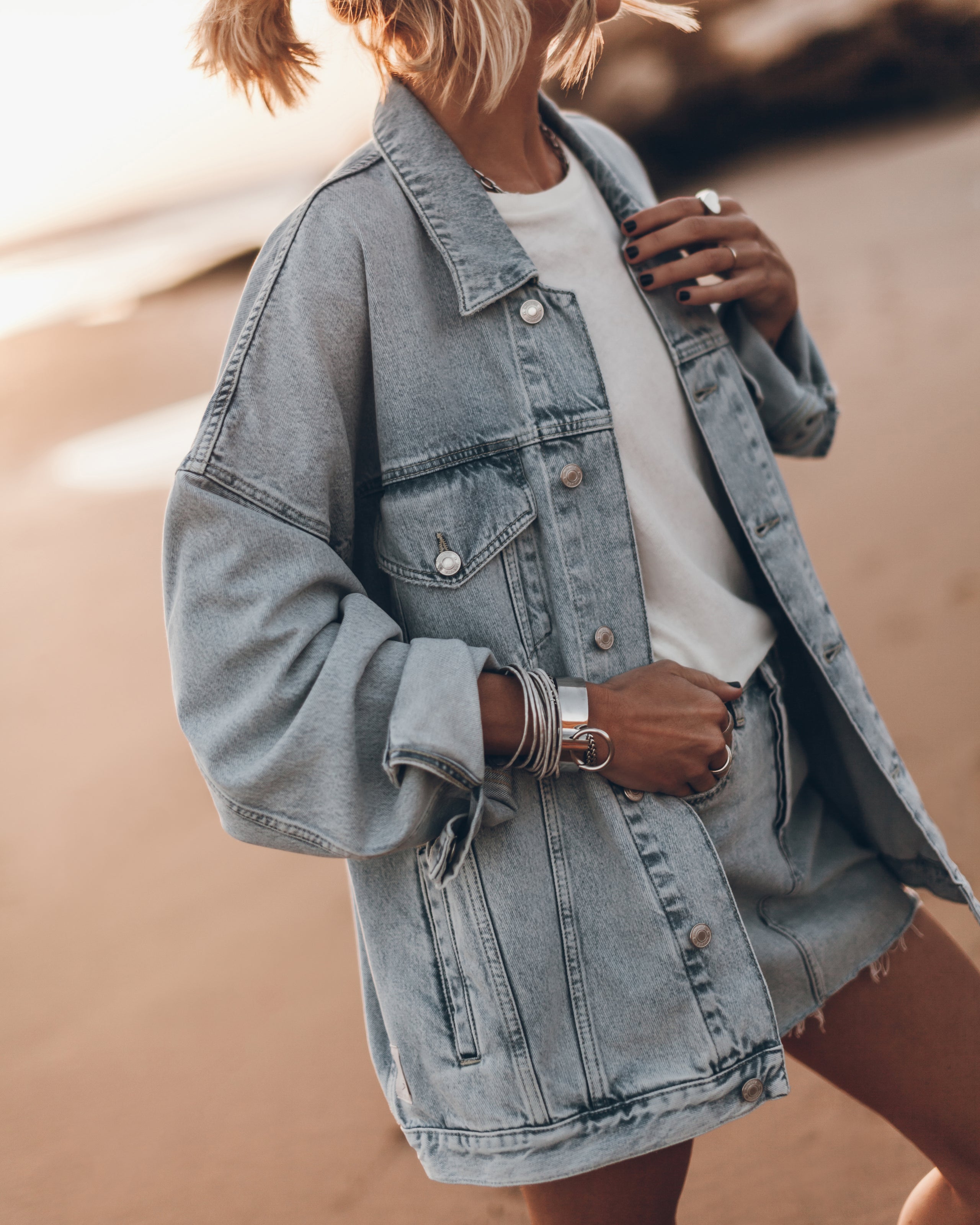 Blue Oversized Denim Jacket Blue Denim Skirt Off White Dry Cotton Vintage Shirt - Product photo