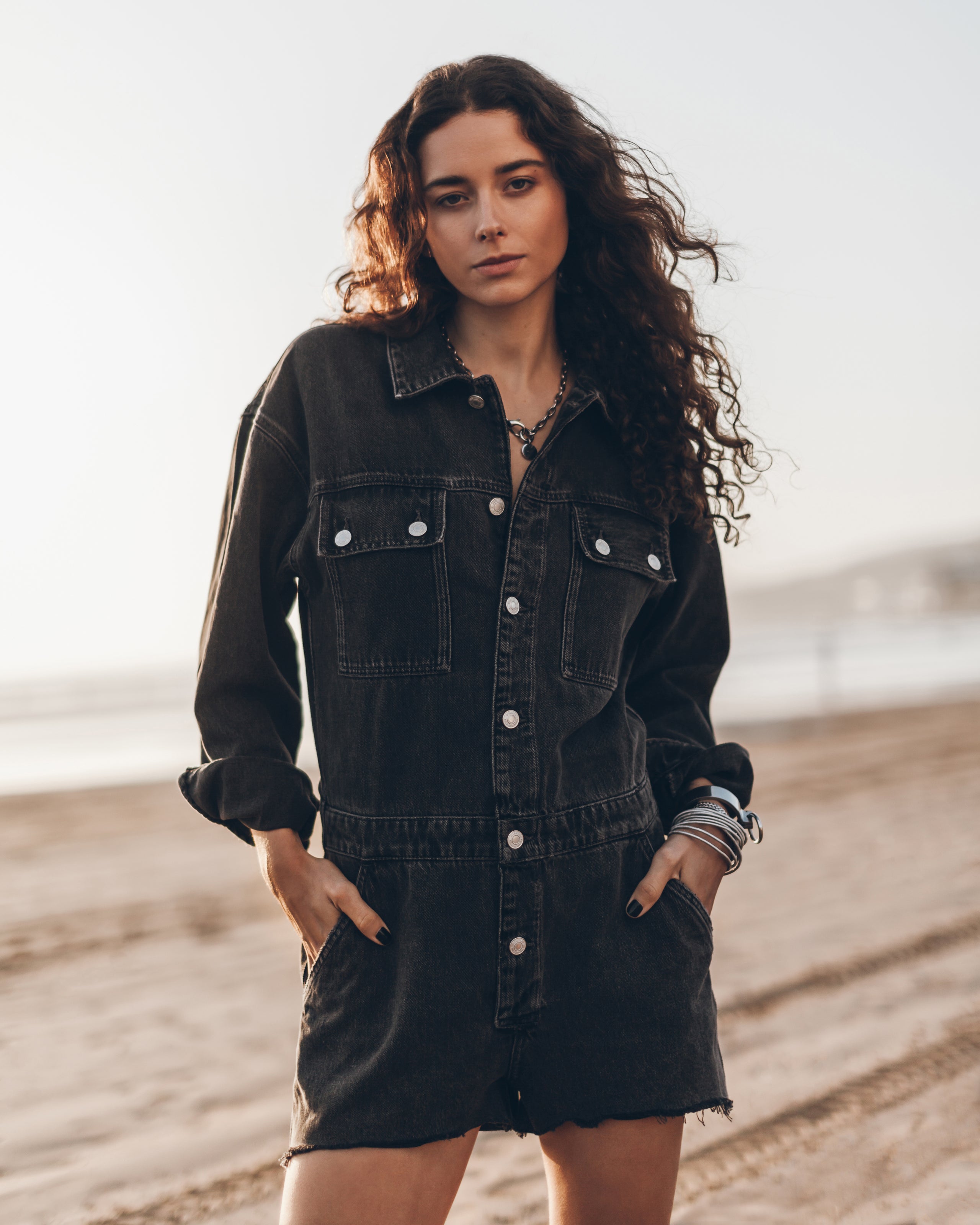 Charcoal Short Denim Jumpsuit - Product photo