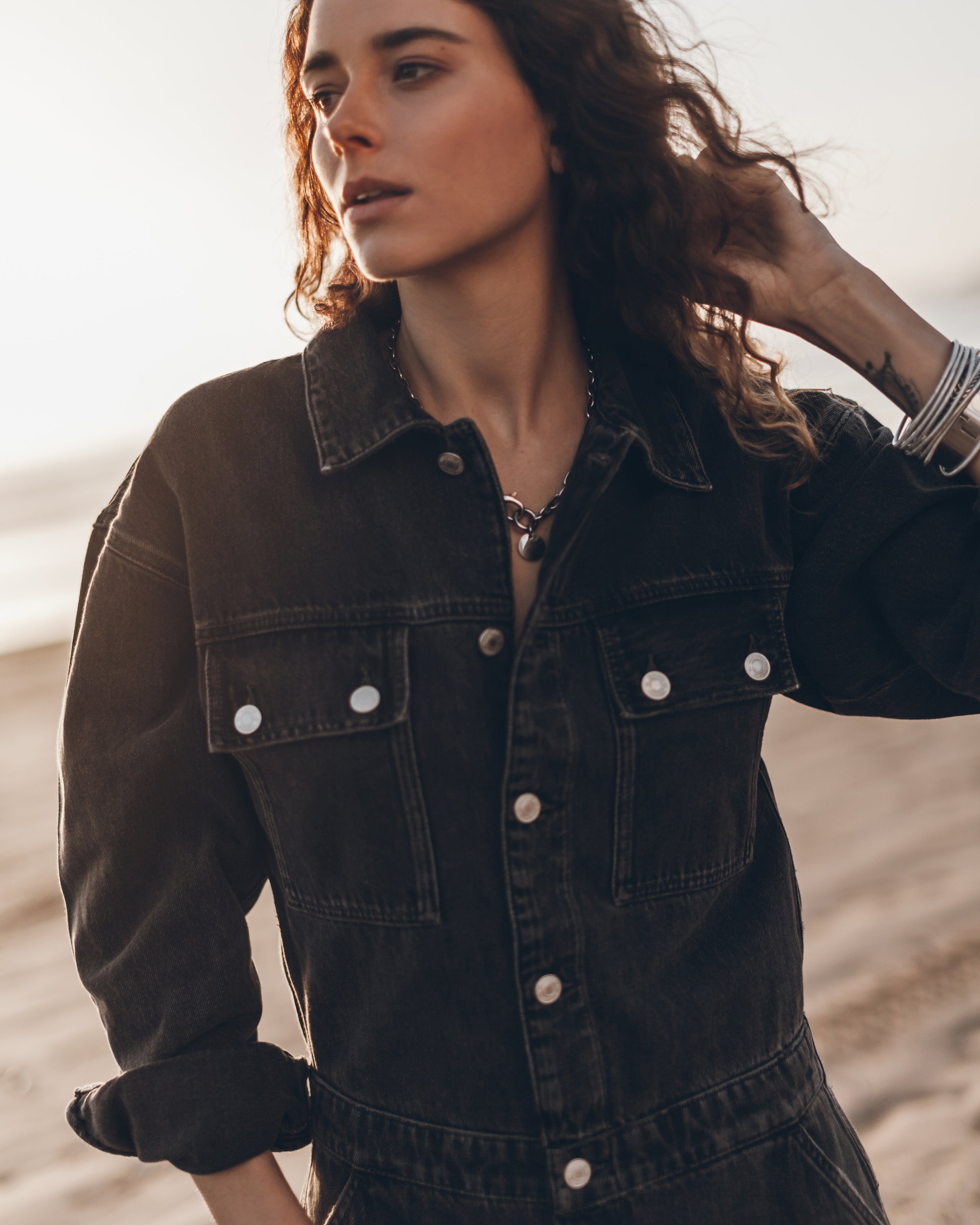 Charcoal Short Denim Jumpsuit - Product photo