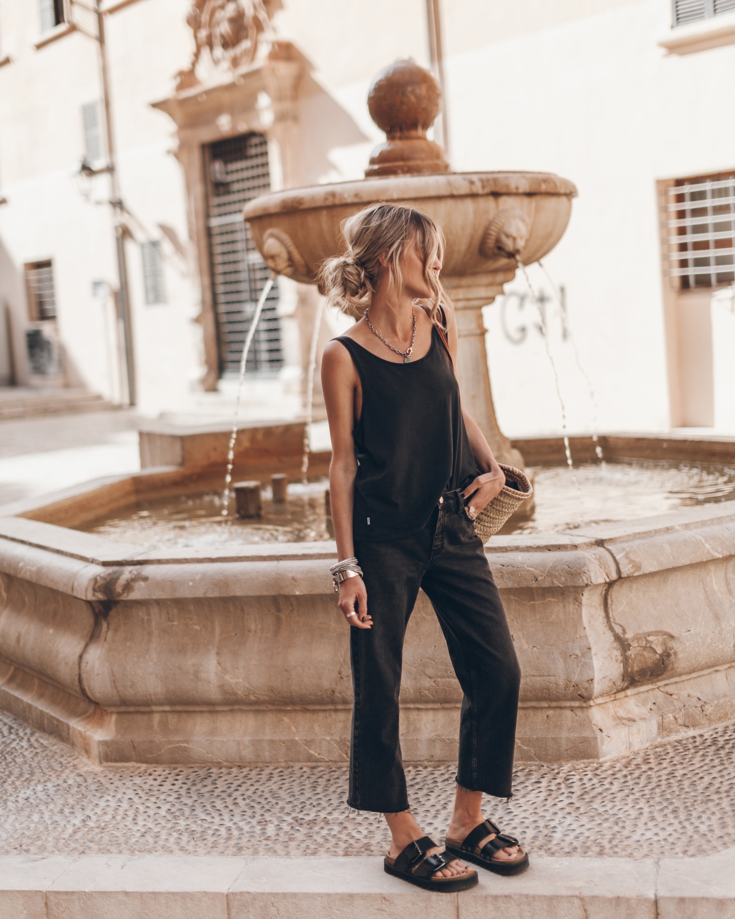 Dark Base Tank Top Black Cropped Straight Jeans Black Leather Buckle Sandals - Product photo