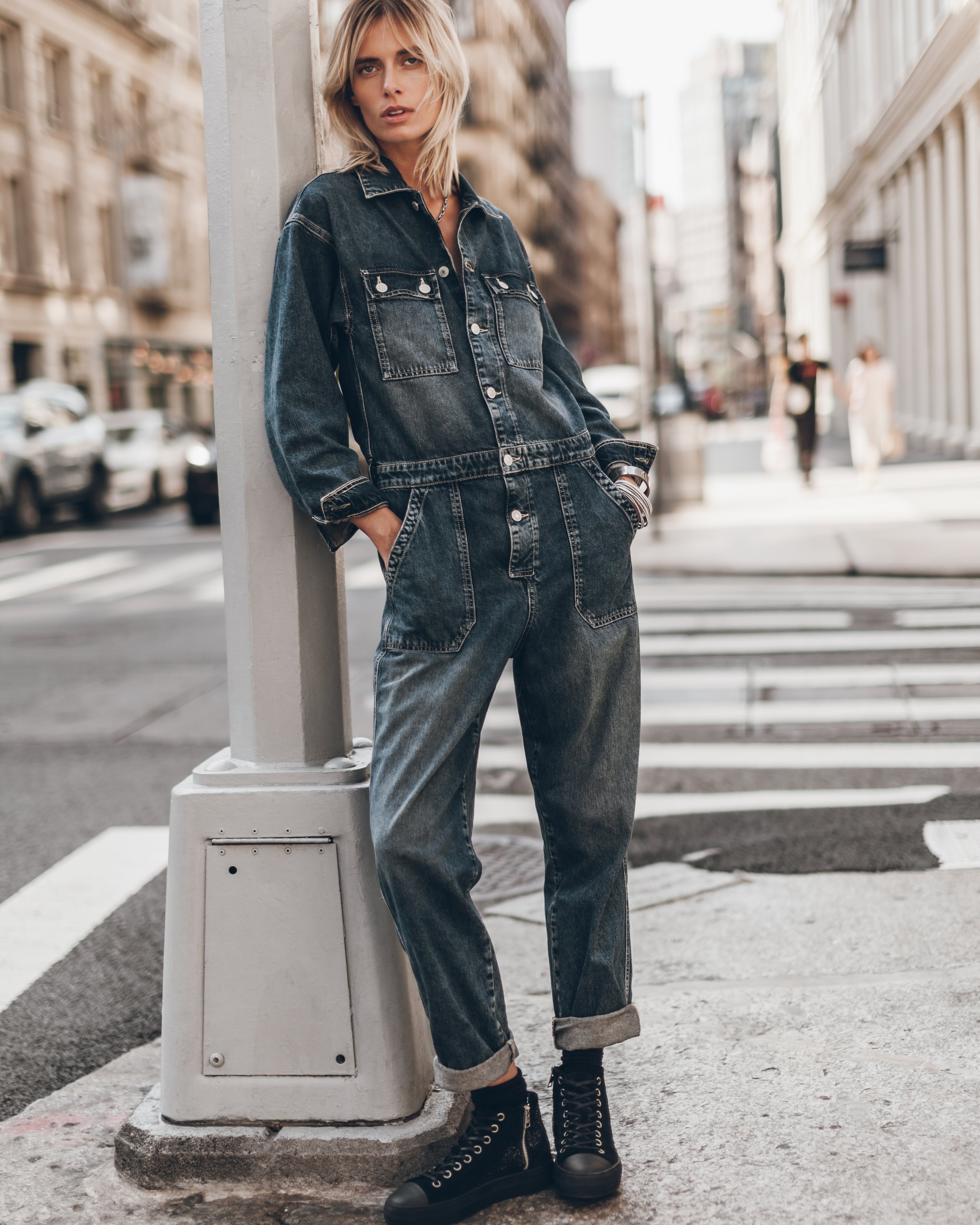 Dark Blue Denim Jumpsuit Black Platform Sneakers - Product photo