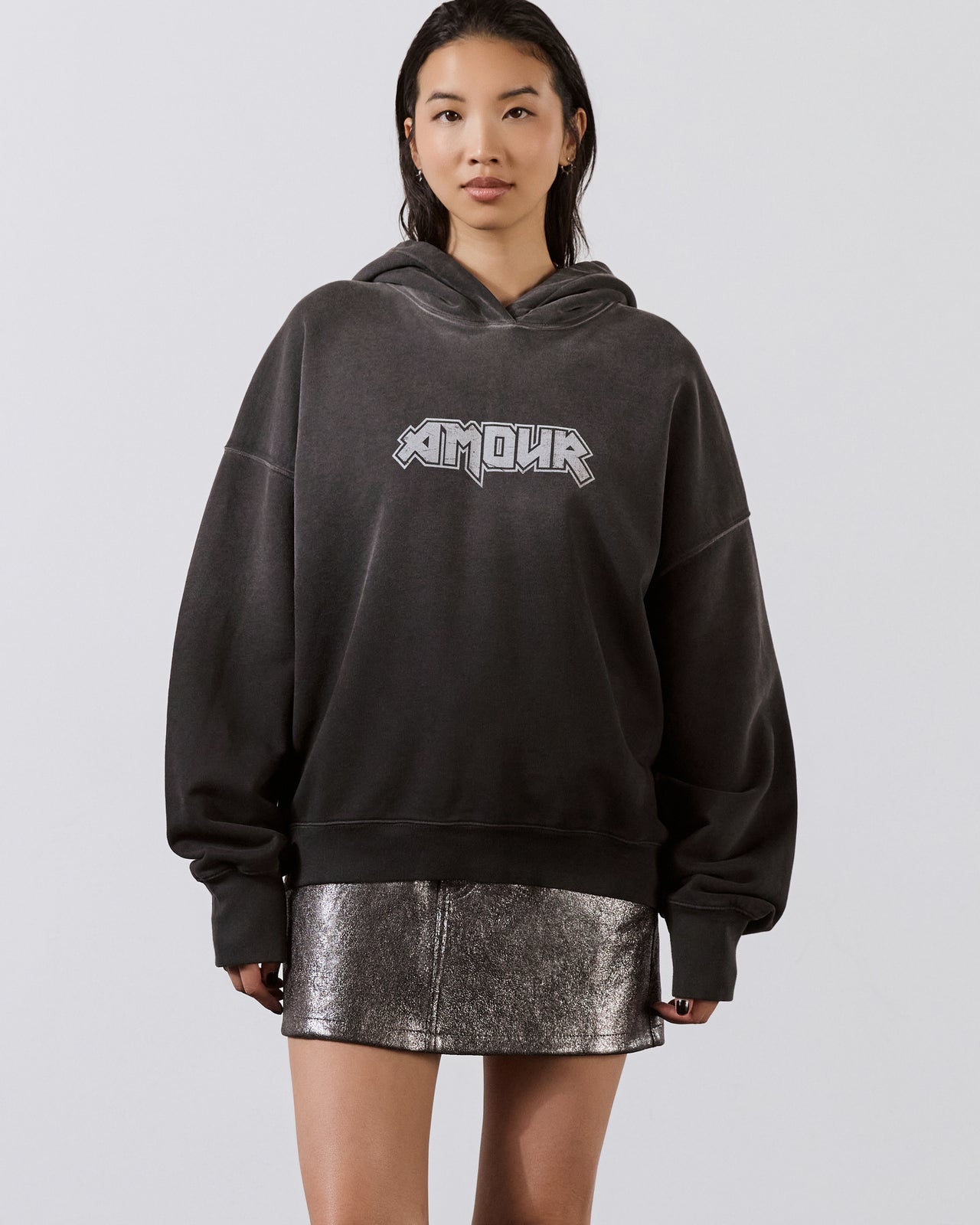 Dark Cloudy Amour Base Hoodie Silver Coated Leather Skirt Black Biker Boots Crop - Product photo