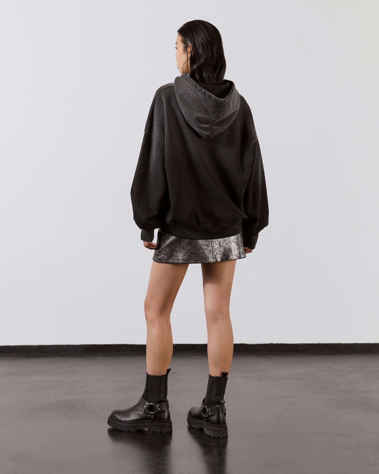 Dark Cloudy Amour Base Hoodie Silver Coated Leather Skirt Black Biker Boots - Product photo