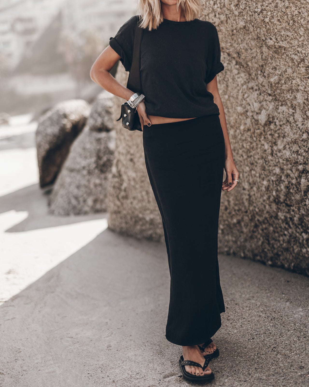 Dark Dry Cotton Vintage Shirt Black Long Lyocell Skirt Black Studded Leather Sandals Leather Pock...