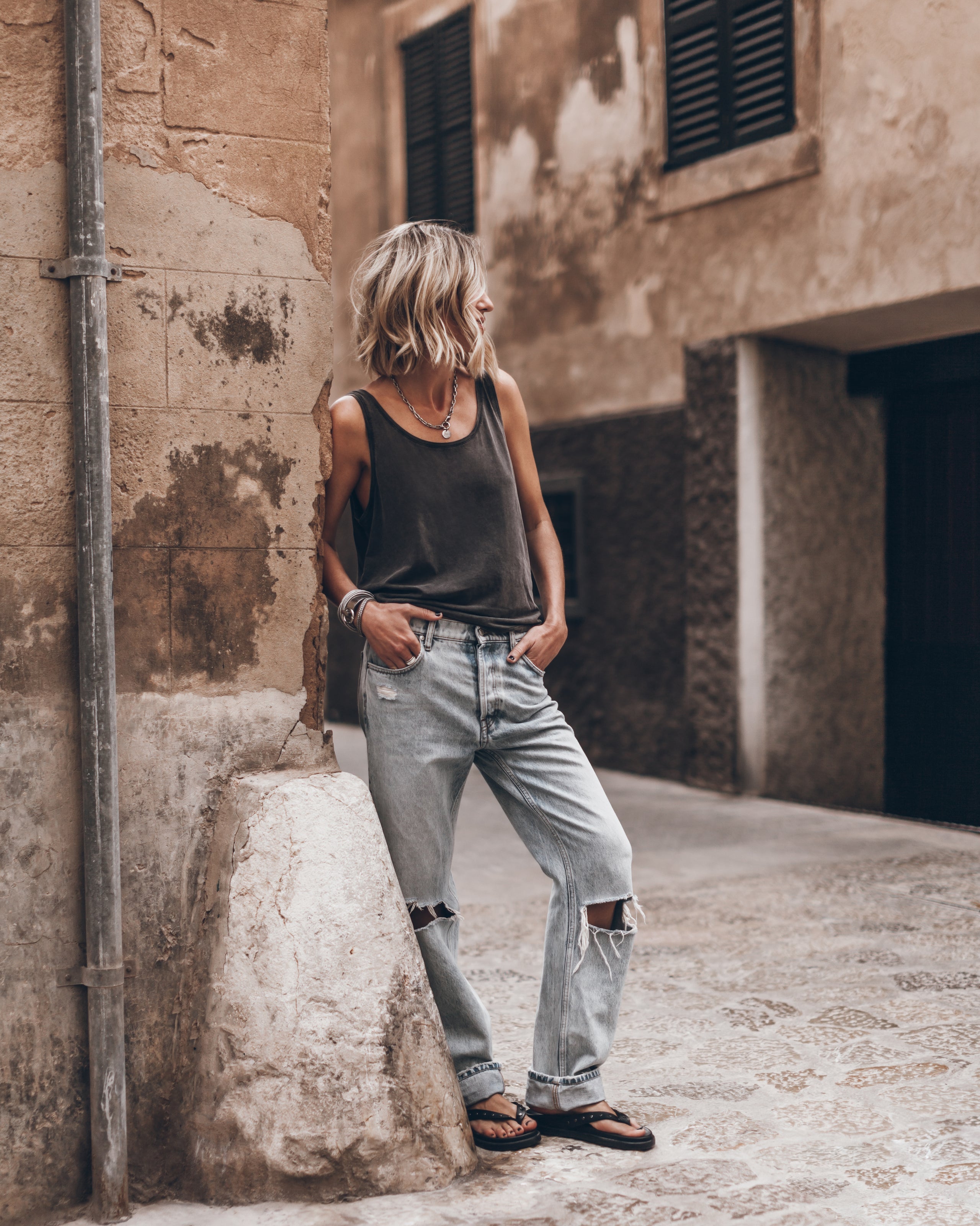 Dark Faded Base Tank Top Blue Ripped Relaxed Jeans Black Studded Leather Sandals - Product photo