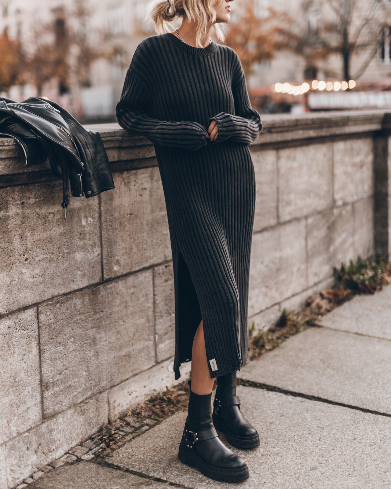 Dark Faded Knit Longsleeve Dress Black Biker Boots - Product photo