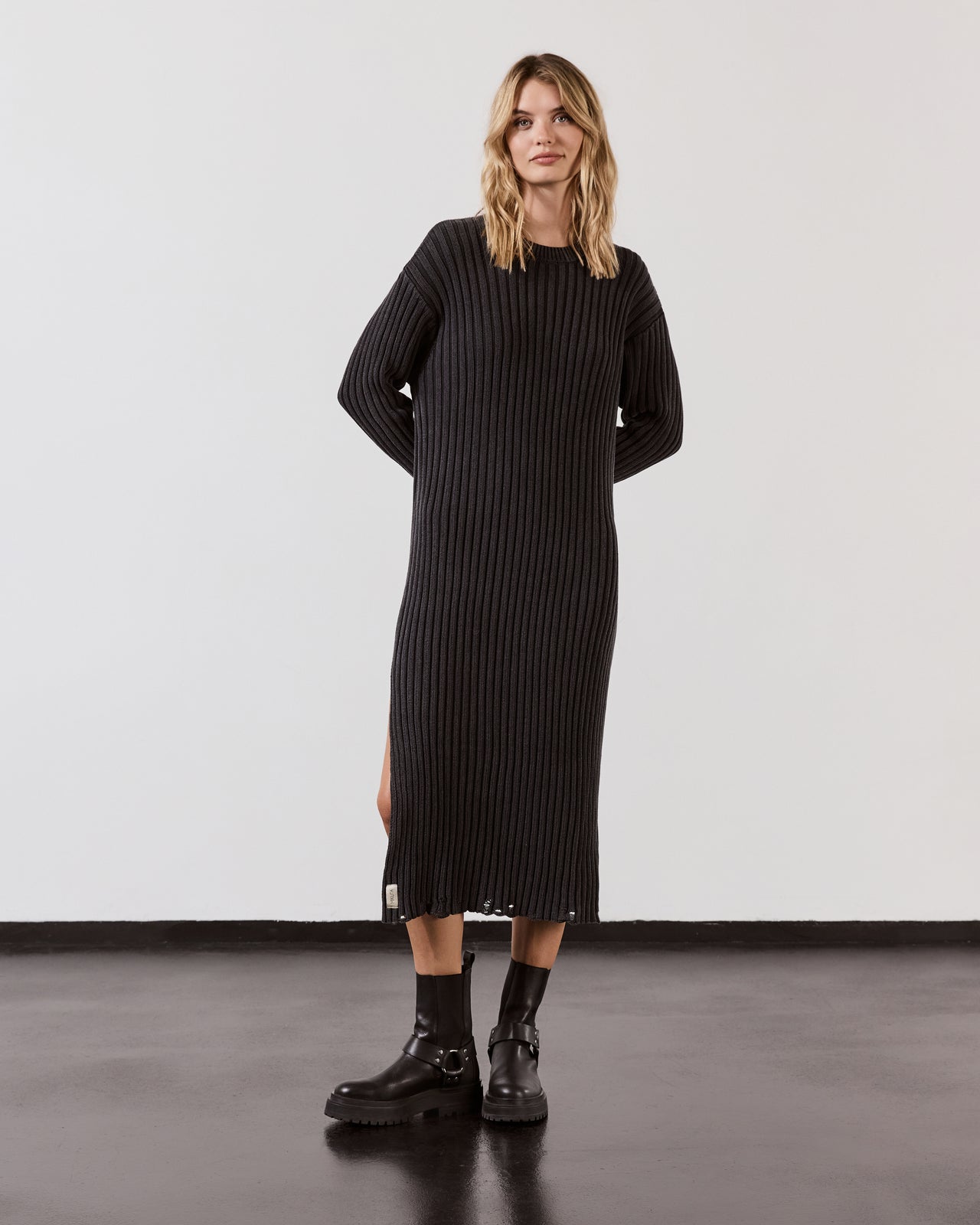 Dark Faded Knit Longsleeve Dress Black Biker Boots - Product photo
