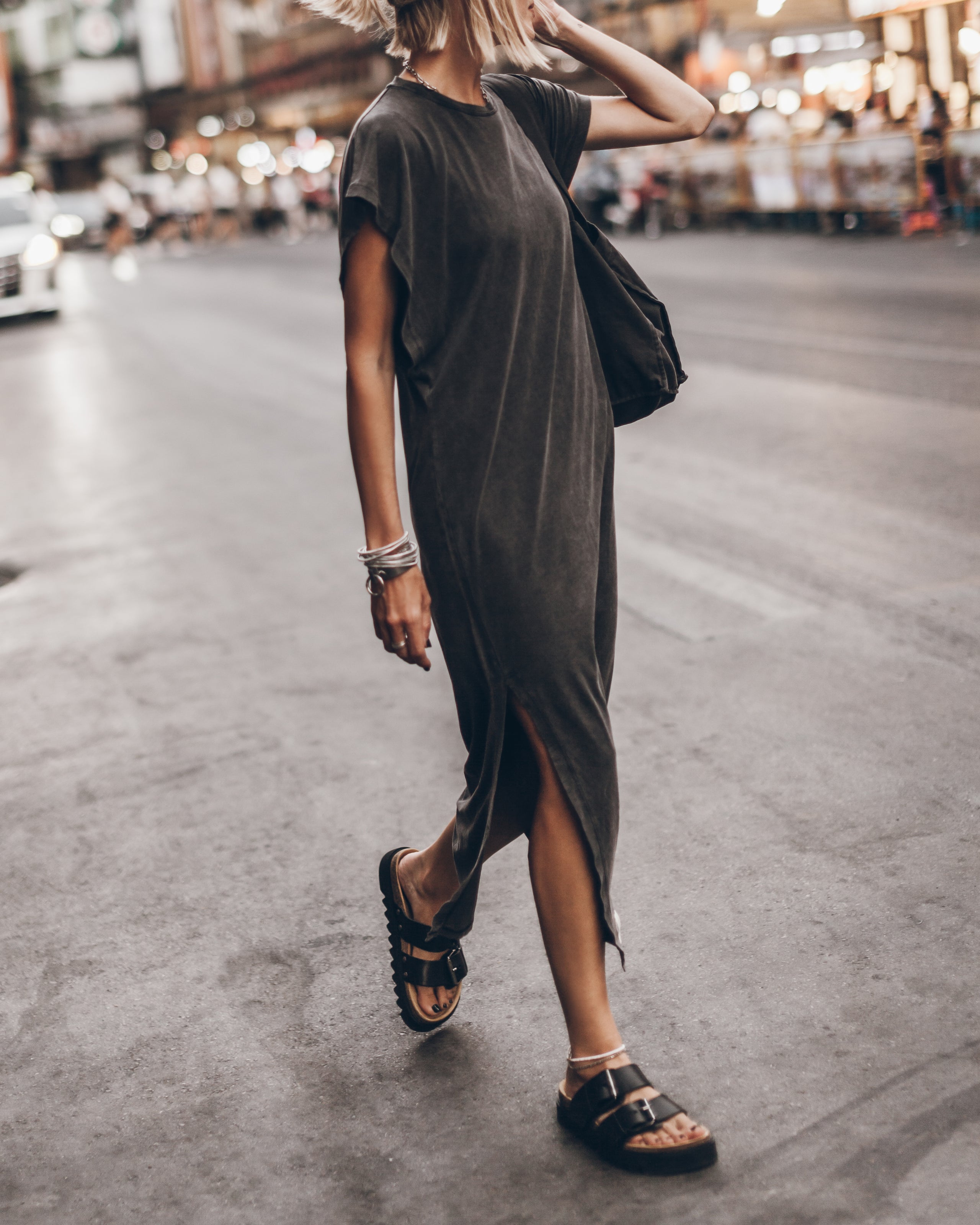 Dark Faded Long Batwing Dress Black Leather Buckle Sandals Charcoal Small Canvas Bag - Product photo