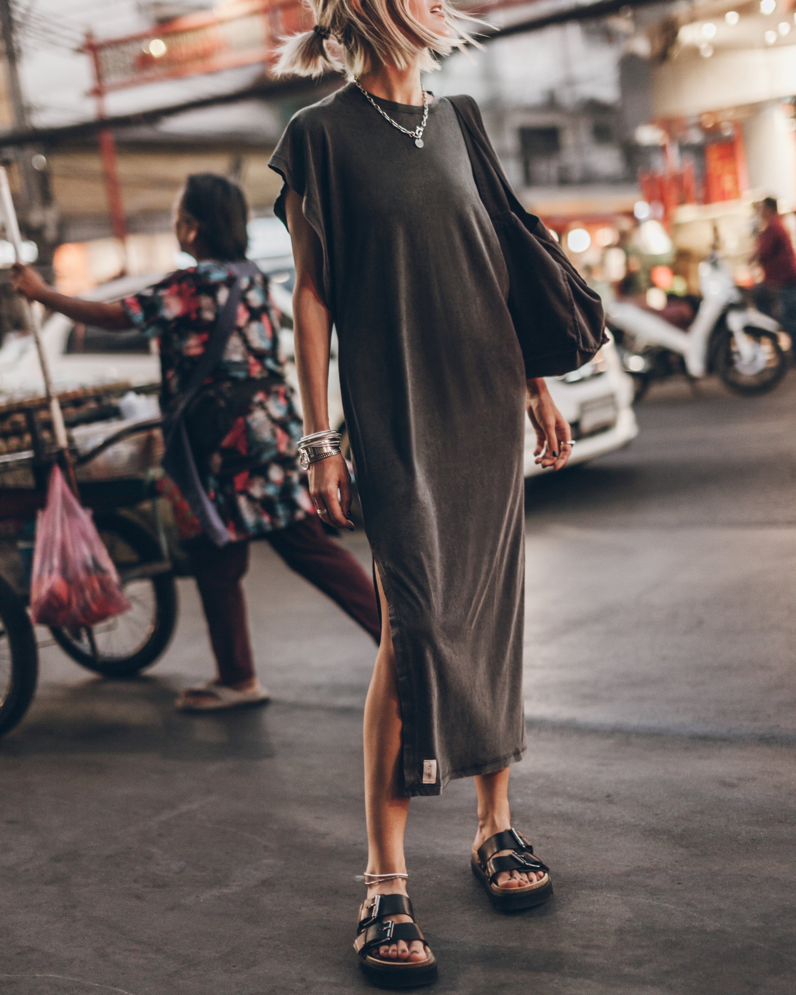 Dark Faded Long Batwing Dress Black Leather Buckle Sandals Charcoal Small Canvas Bag - Product photo