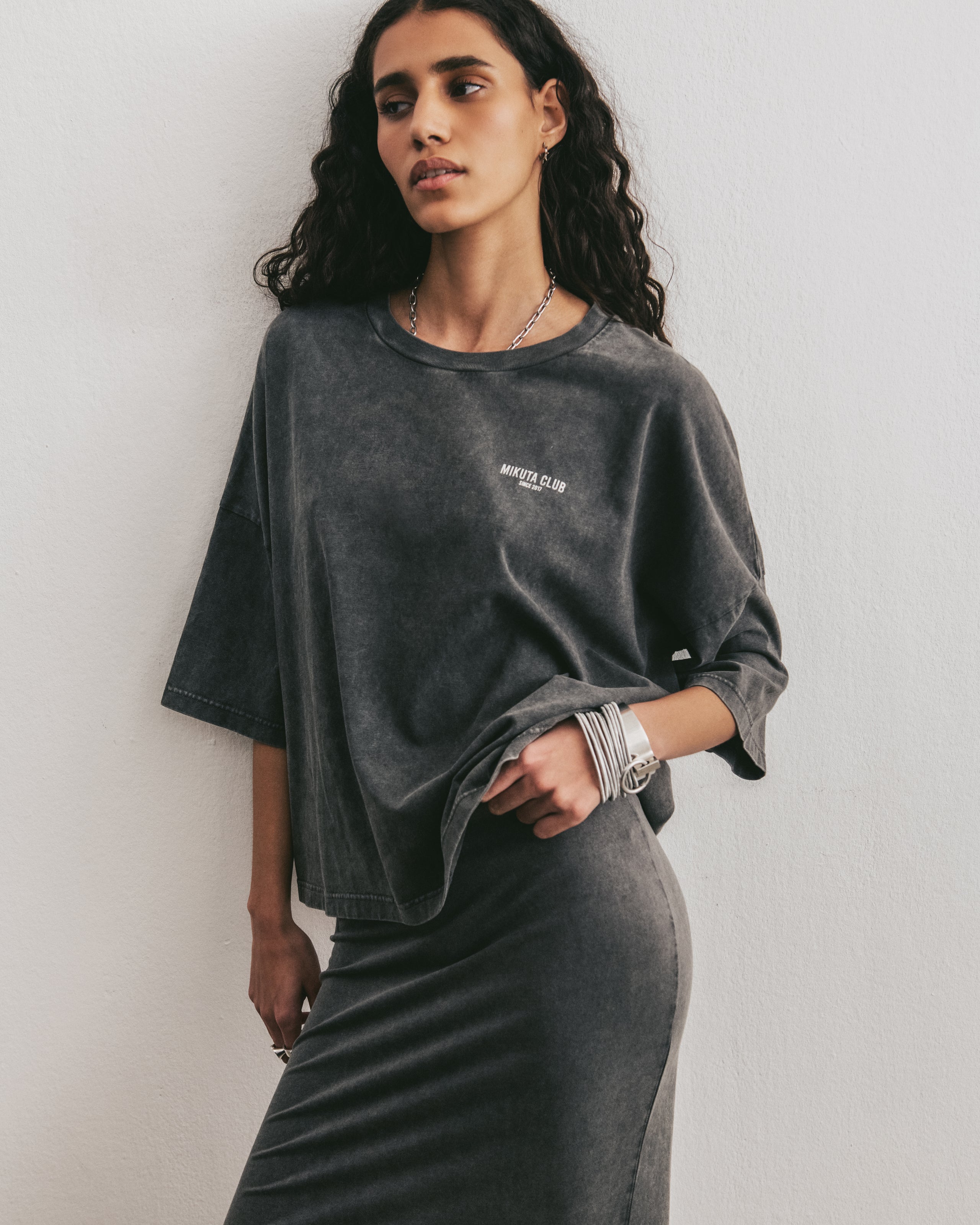 Dark Faded Club Loose Cotton Shirt Dark Faded Long Skirt - Product photo