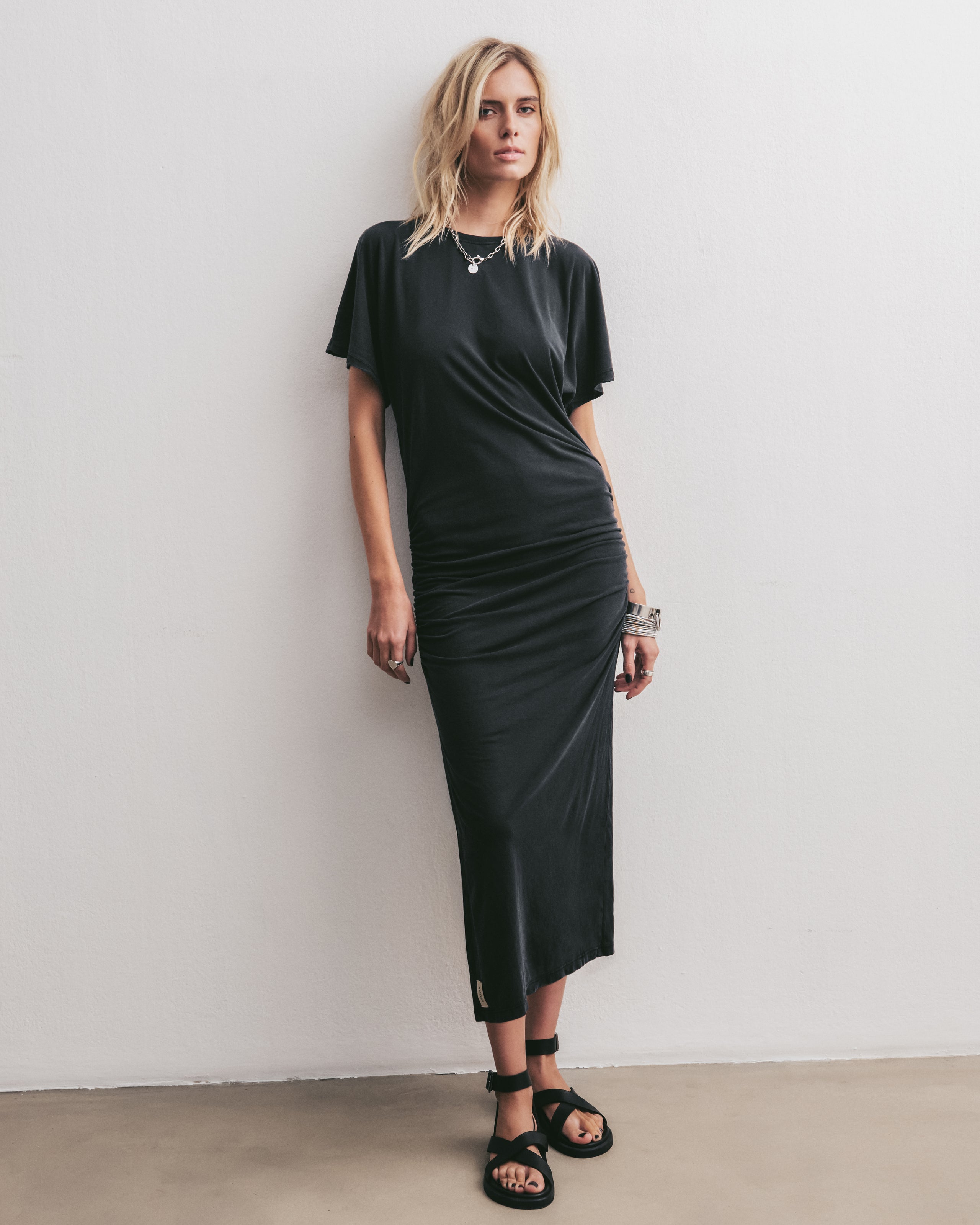 Dark Long Draped Shirt Dress Black Strappy Leather Sandals - Product photo