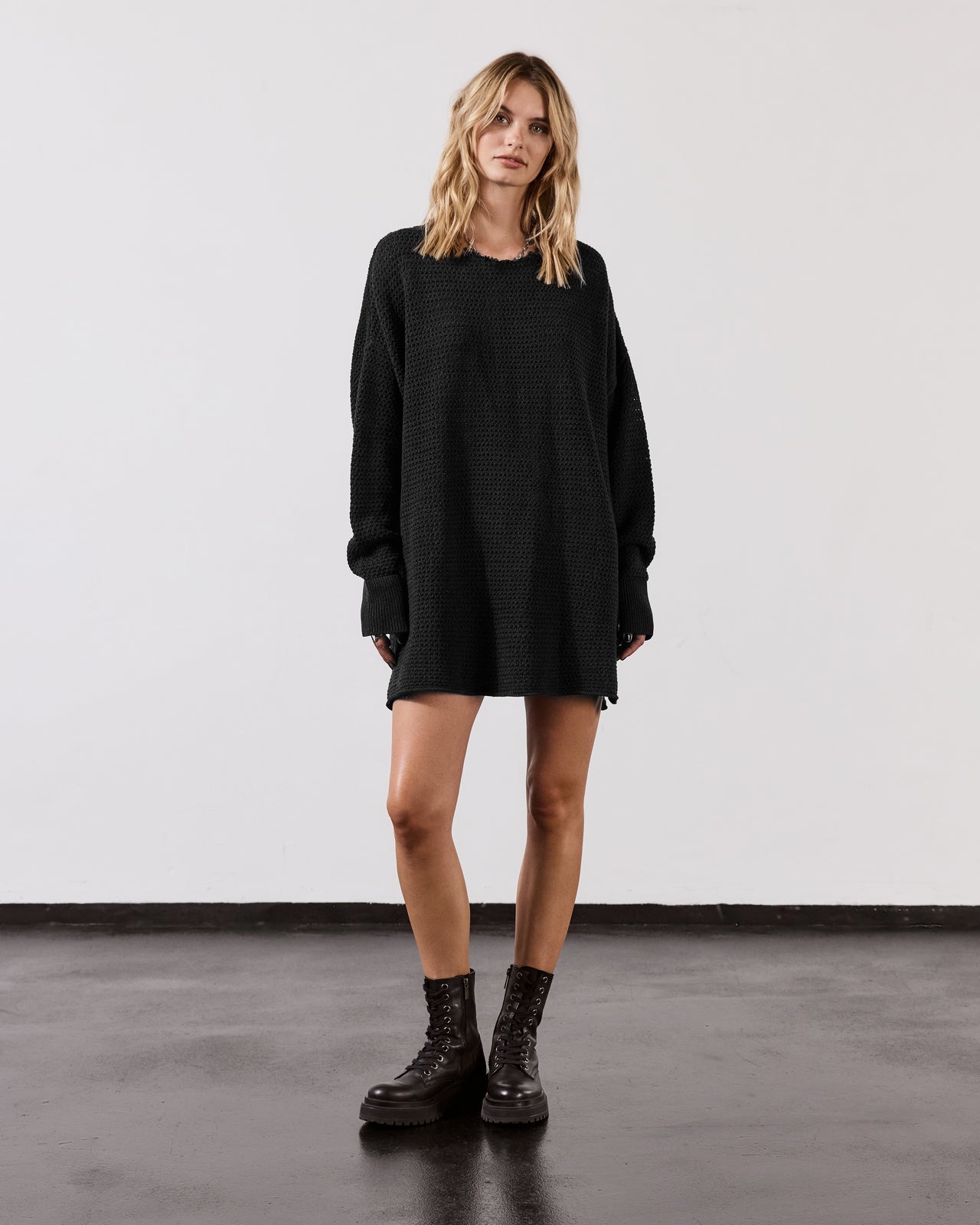 Dark Long Knitted Sweater Black Laced Leather Boots - Product photo
