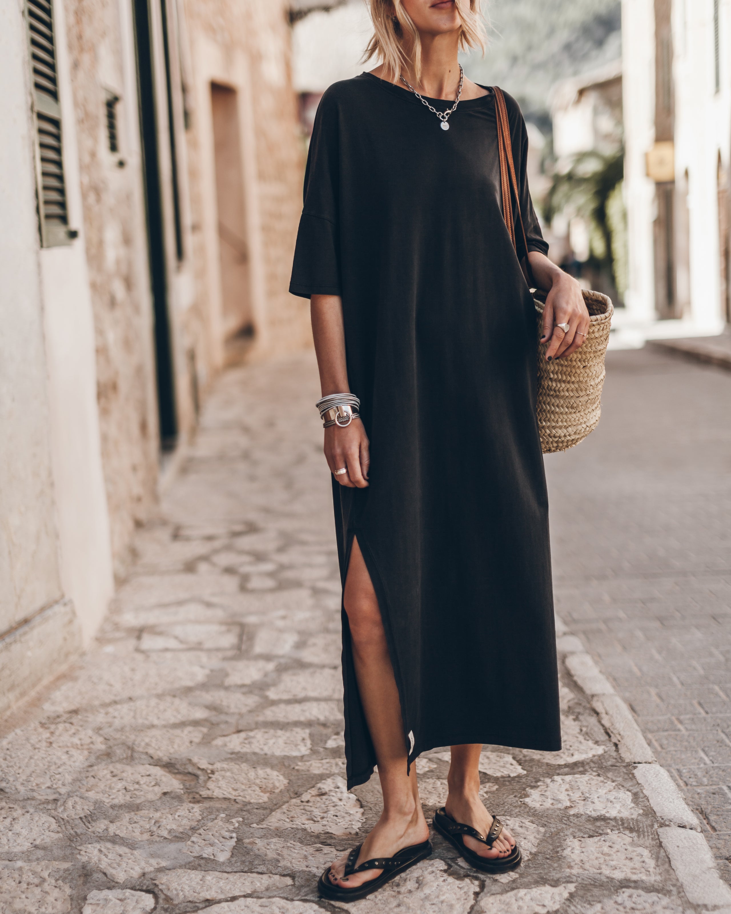 Dark Loose Long Shirt Dress Black Studded Leather Sandals - Product photo