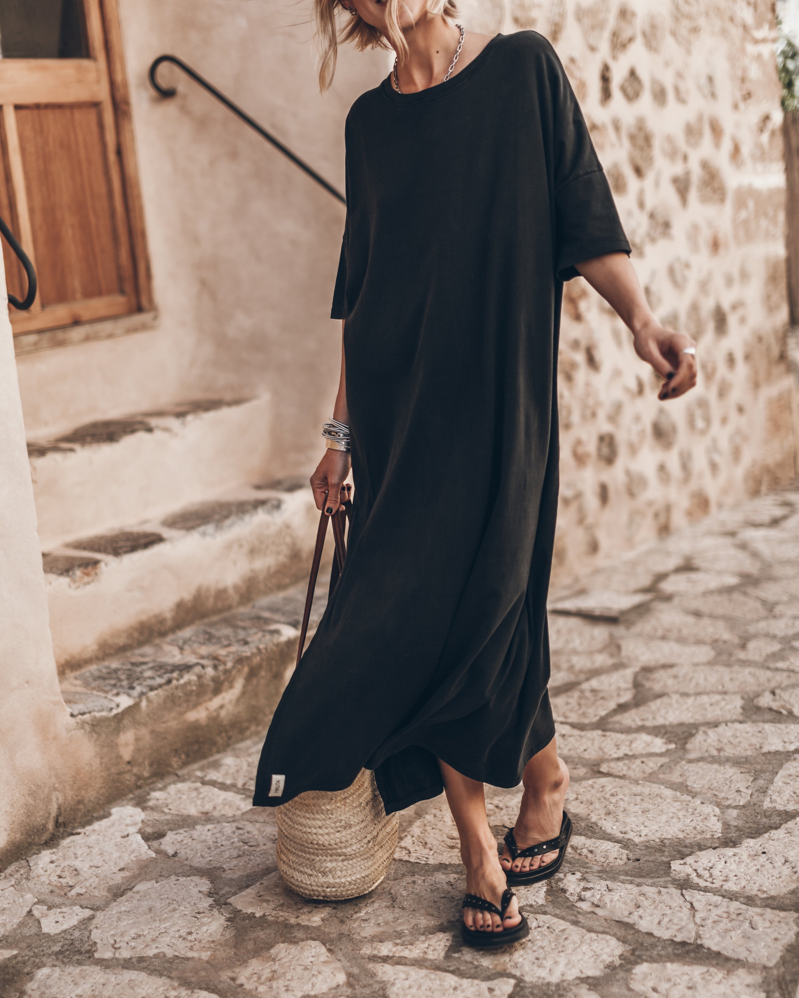 Dark Loose Long Shirt Dress Black Studded Leather Sandals - Product photo
