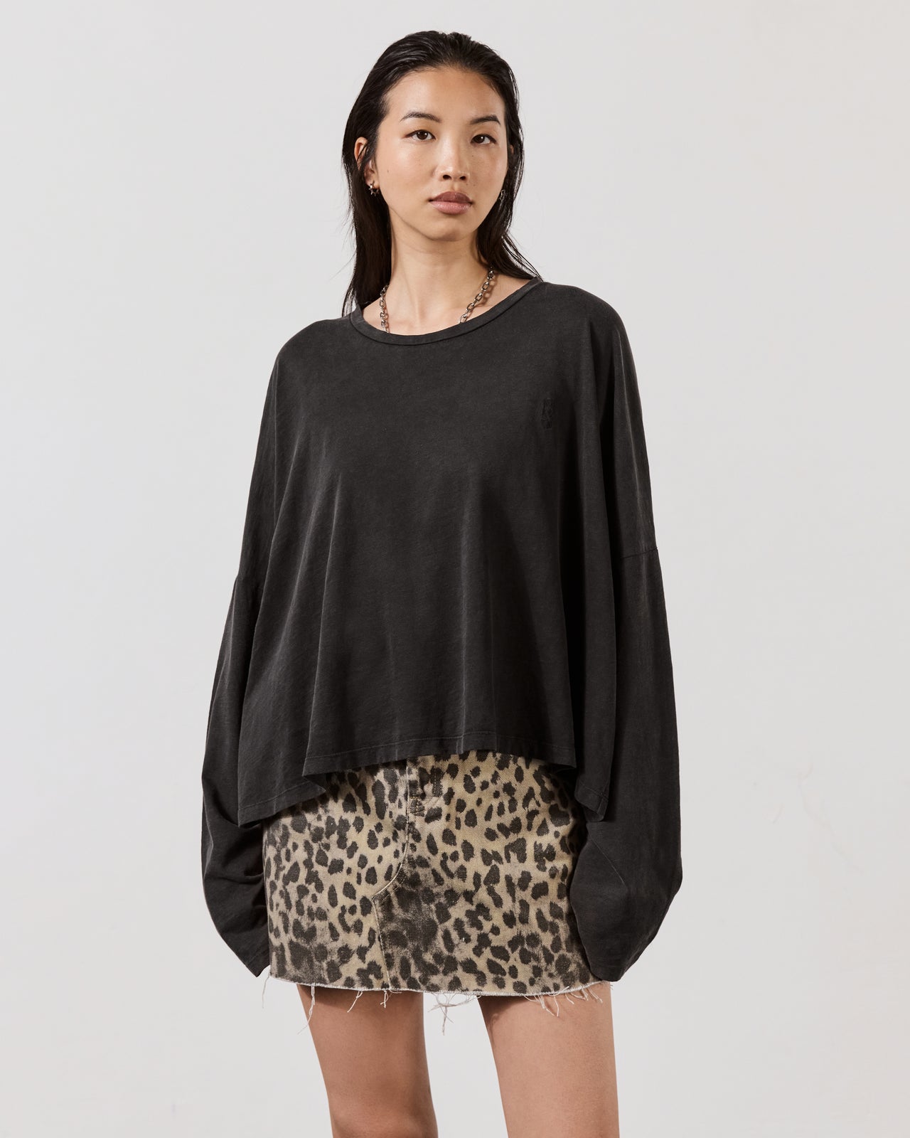 Dark Peachy Loose Cotton Longsleeve Leo Denim Skirt Black Laced Leather Boots - Product photo