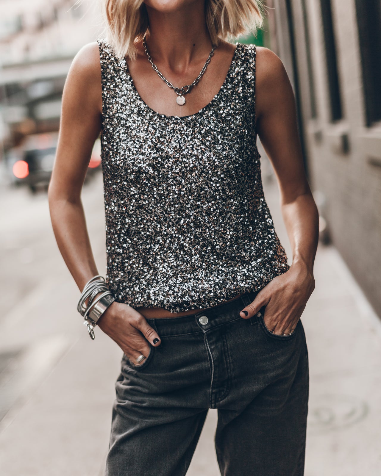 Dark Sequin Base Tank Top Black Ripped Relaxed Jeans - Product photo