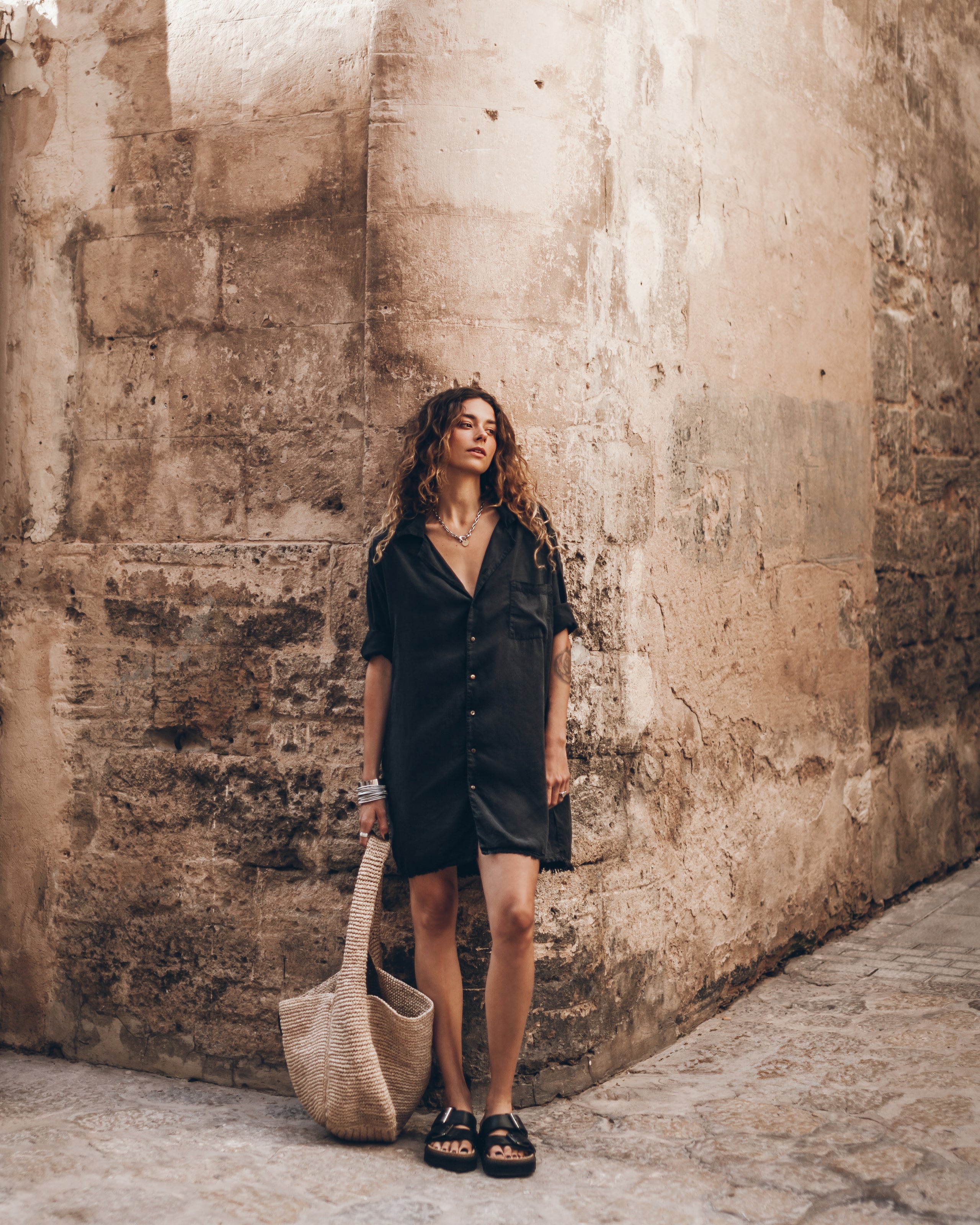 Dark Shirt Dress Black Leather Buckle Sandals - Product photo