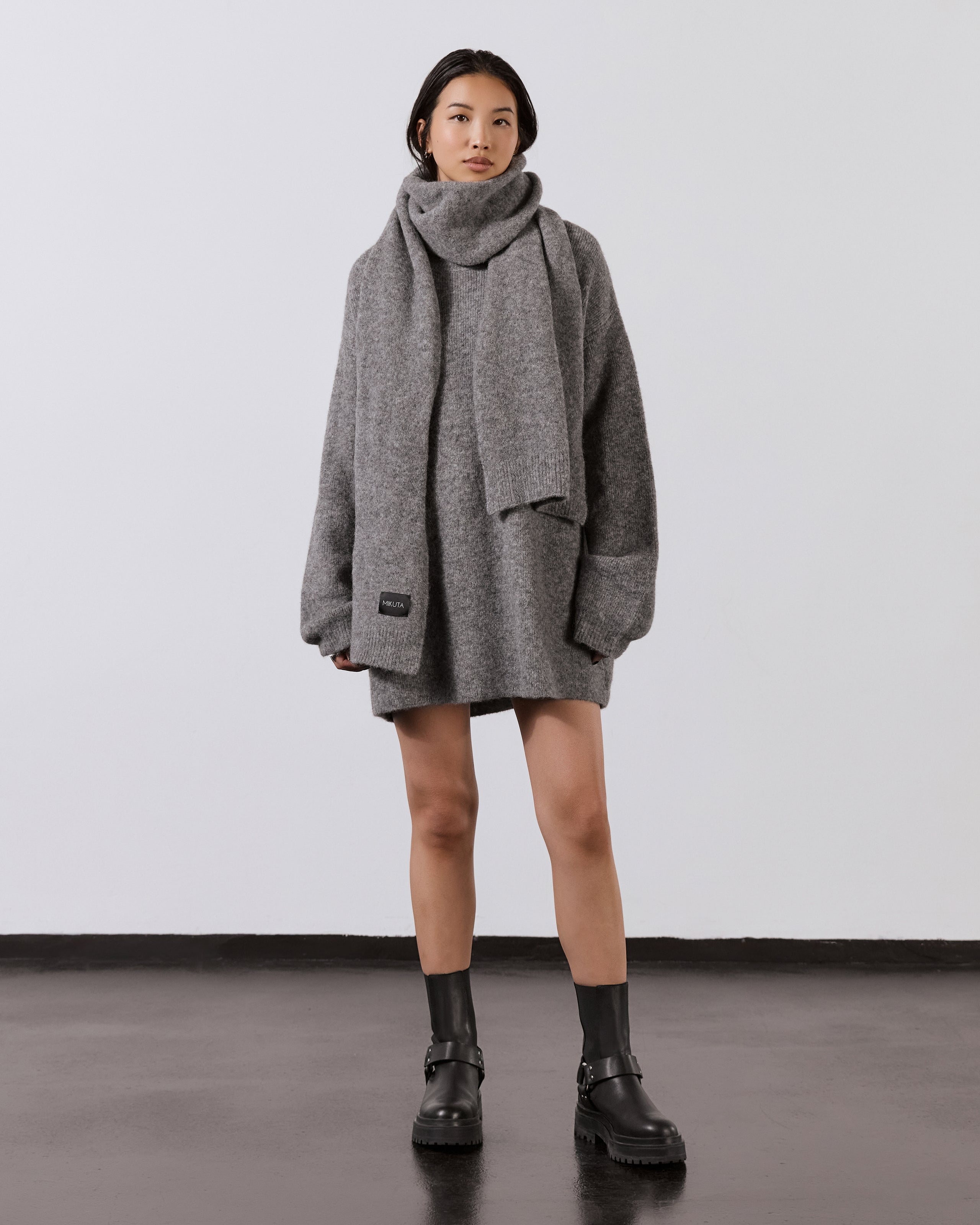 Grey Melange Oversized Knitted Sweater Grey Melange Alpaca Knit Scarf Black Biker Boots - Product...