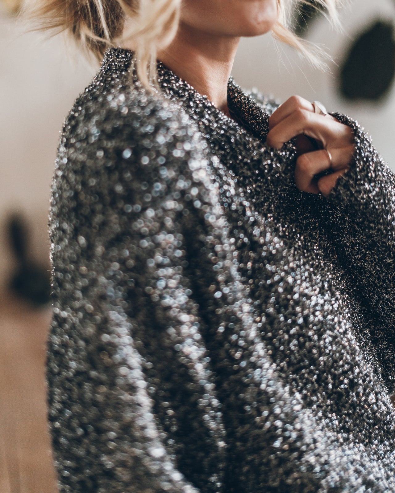 Grey Sparkly Fluffy Knit Sweater Leather Skirt - Product photo